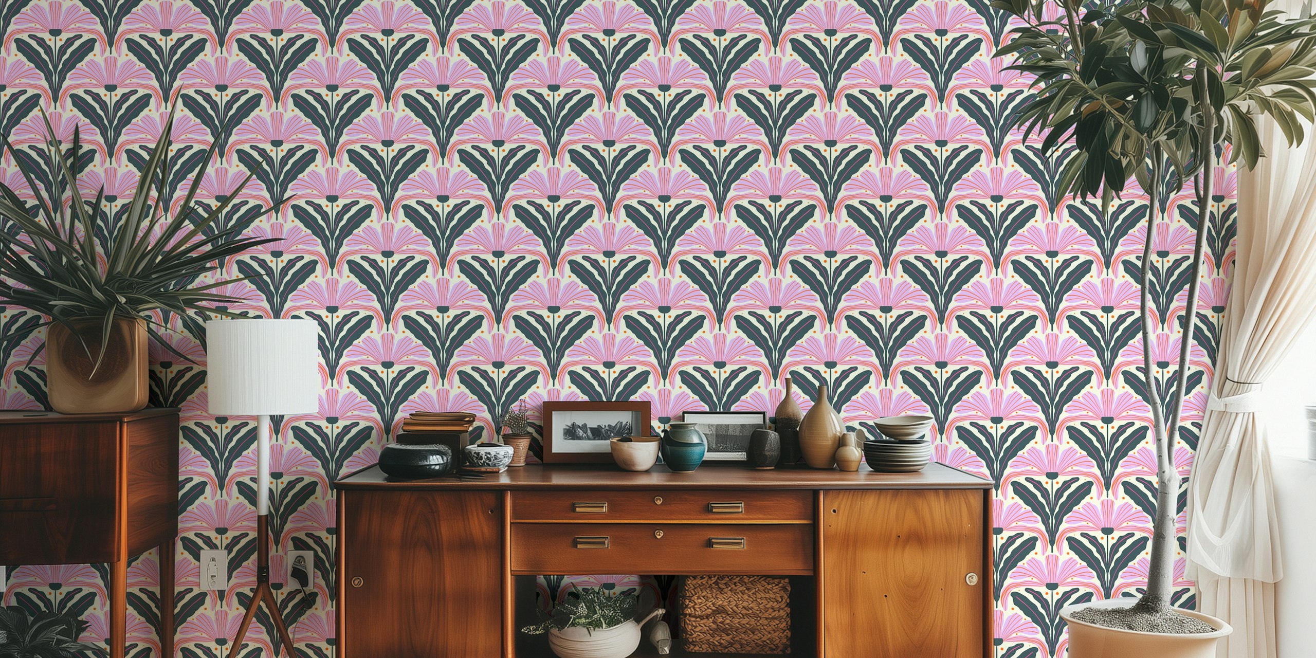 Pink floral pattern with green leaves and black accents wallpaper