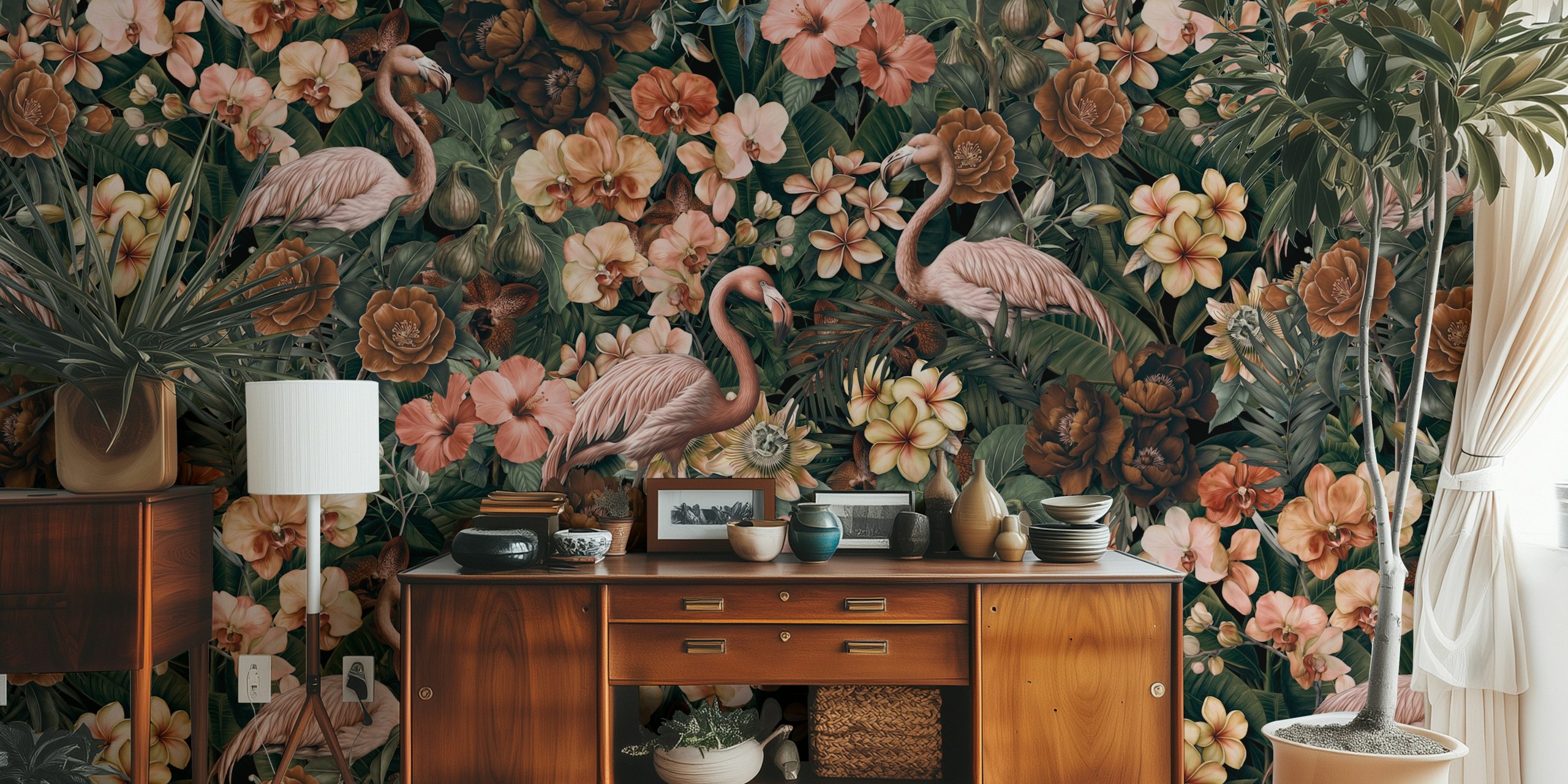 Papier peint Flamingo Floral Tropical Dreamscape dans une pièce