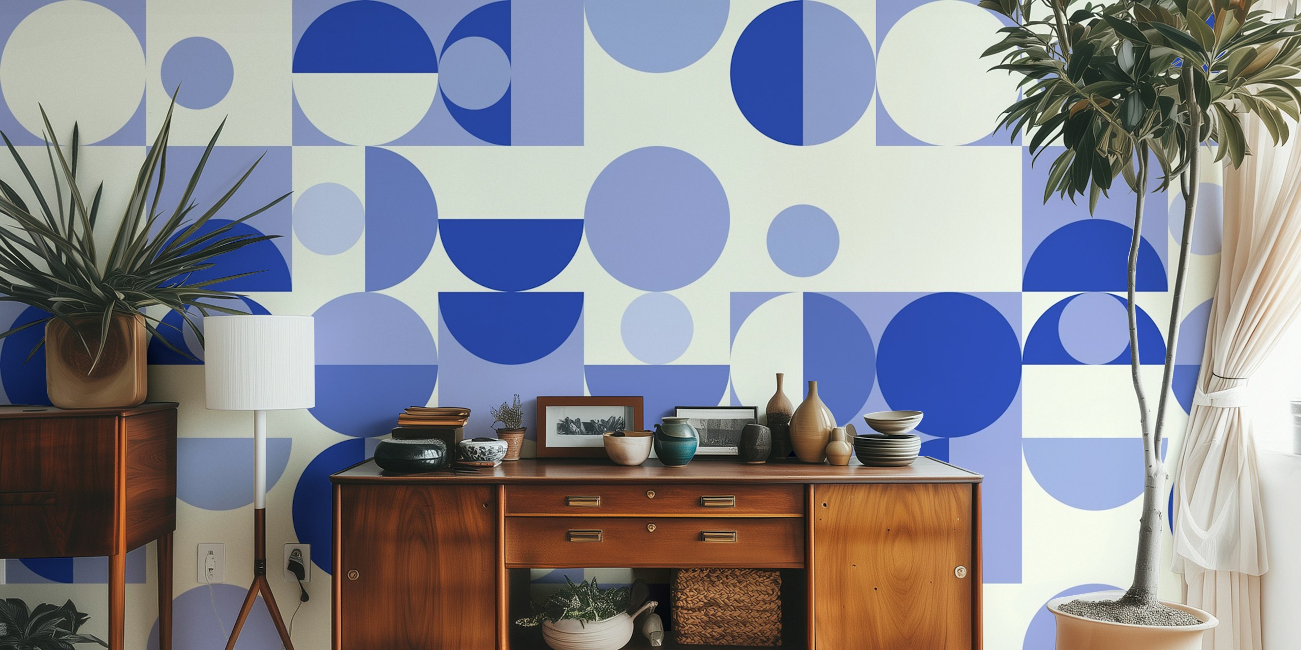 Bauhaus mid-century blue geometric wallpaper in a room