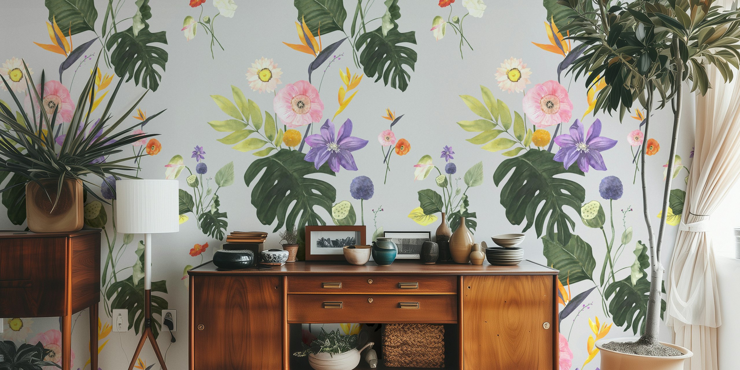 Exotic jungle flowers wallpaper in a room