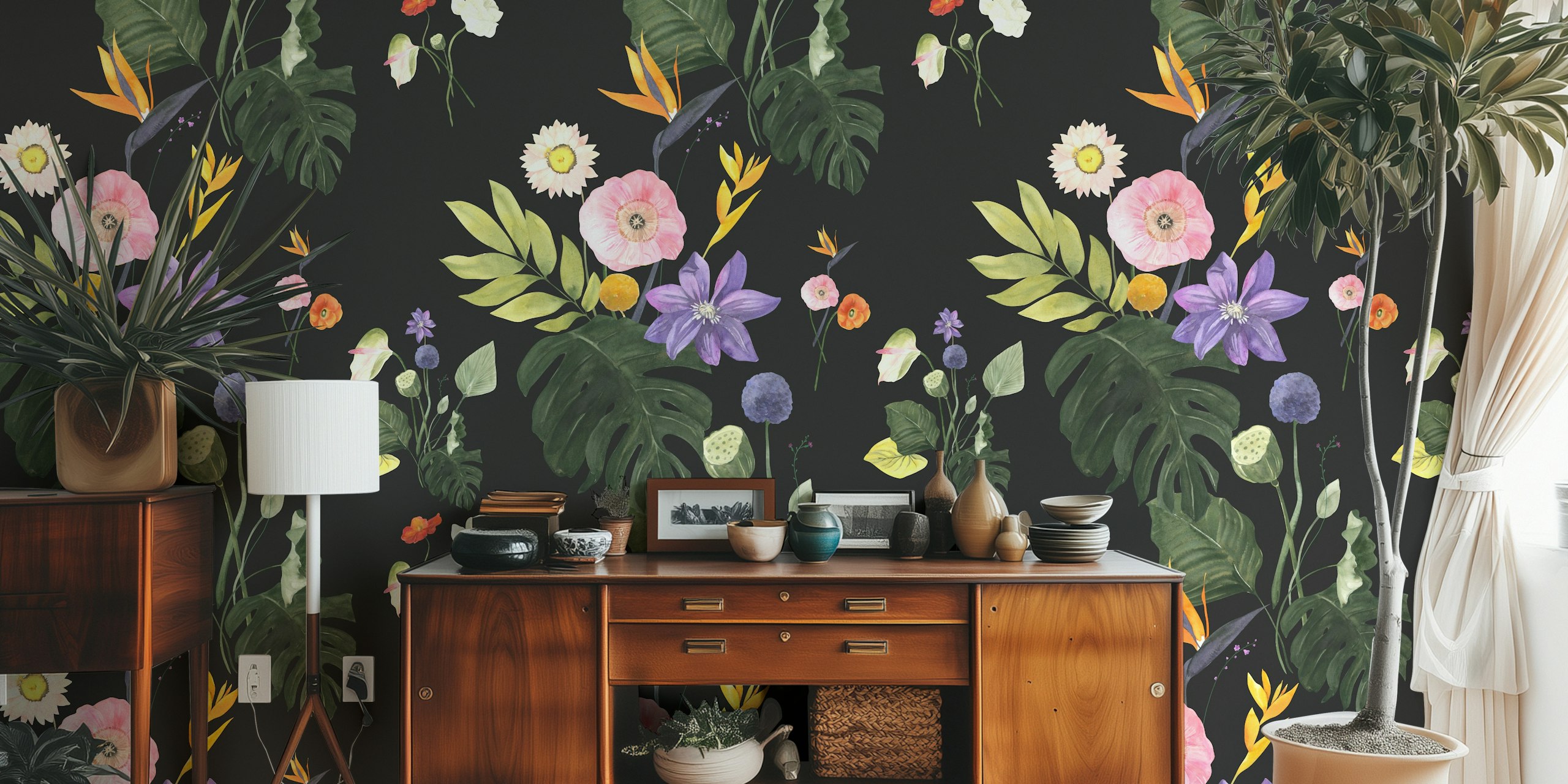 Colorful tropical flowers and leaves on black background wallpaper