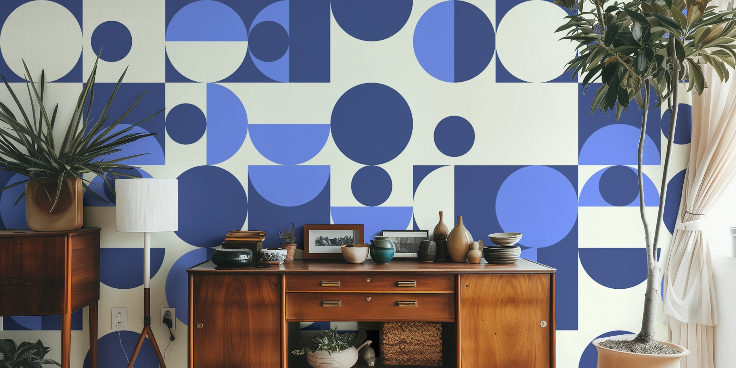 Bauhaus Retro Blue Geometry wallpaper in a room