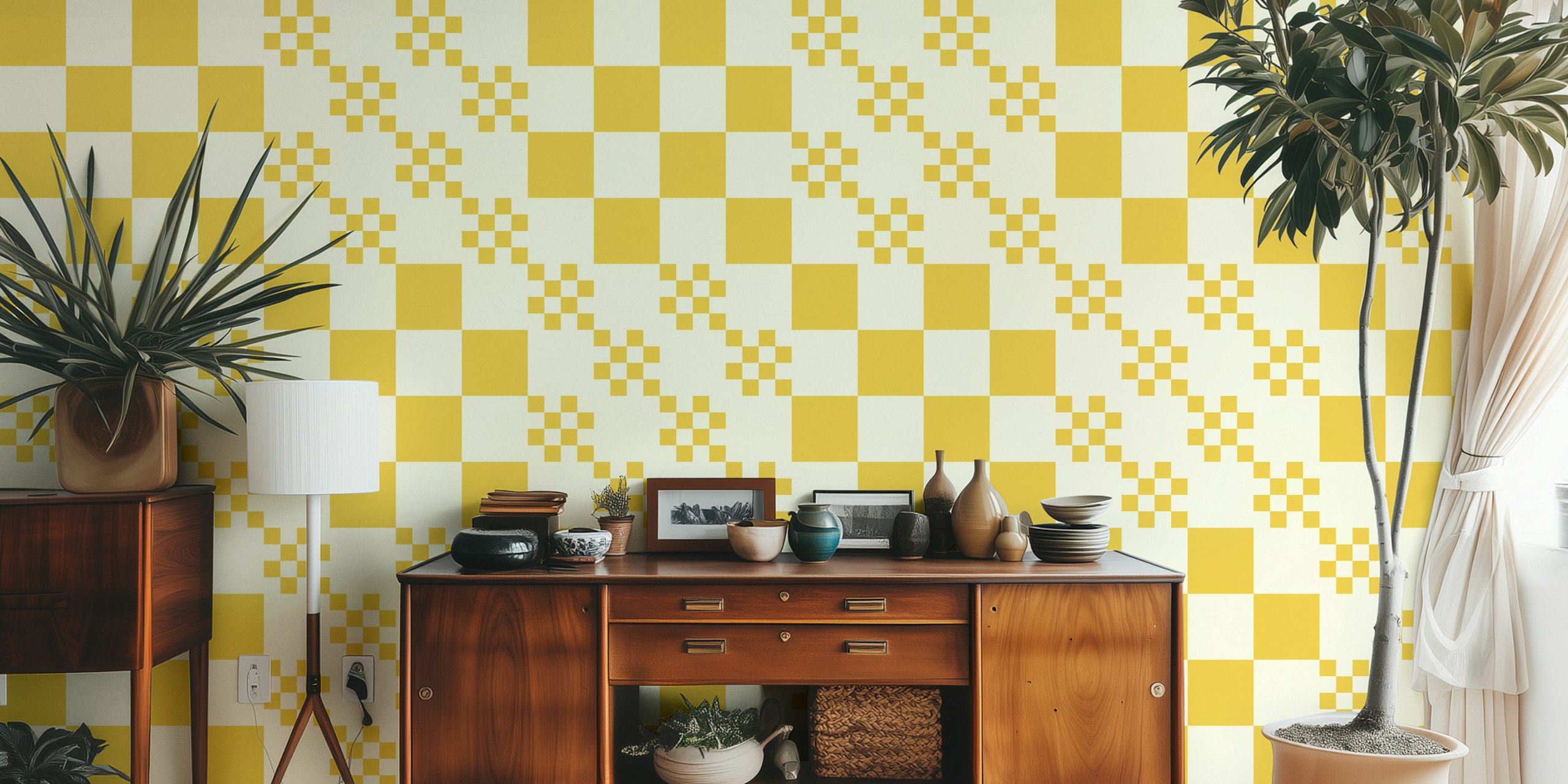 Funky grid yellow and cream wallpaper in a room