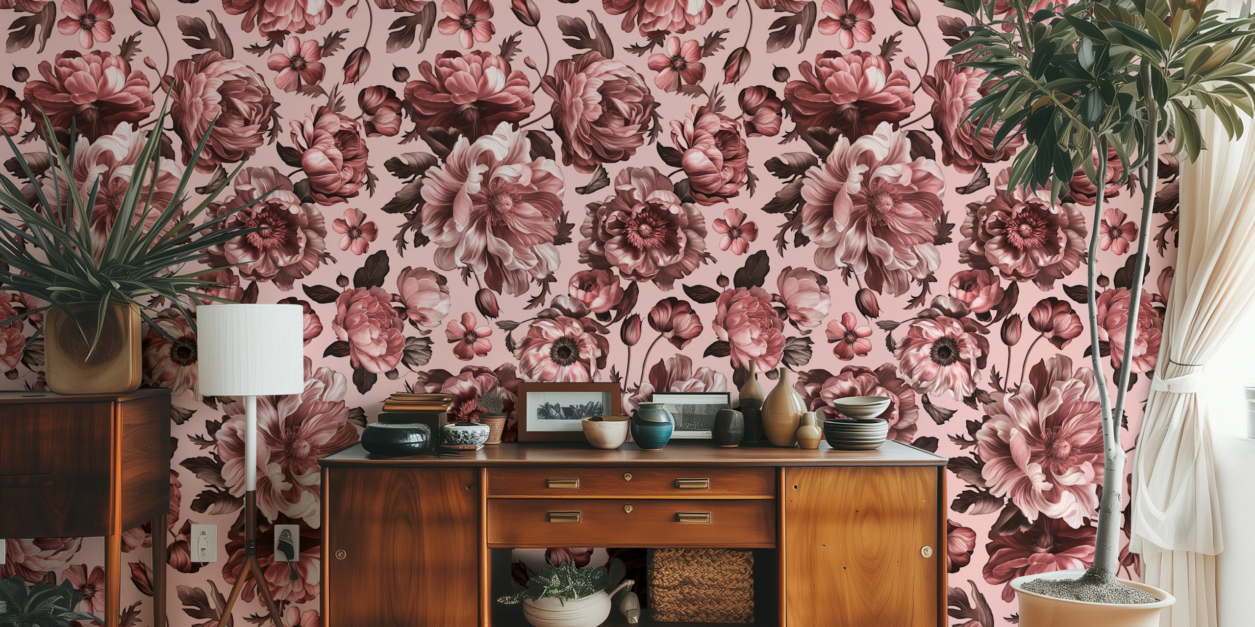 Mauve flowers wallpaper design in a room