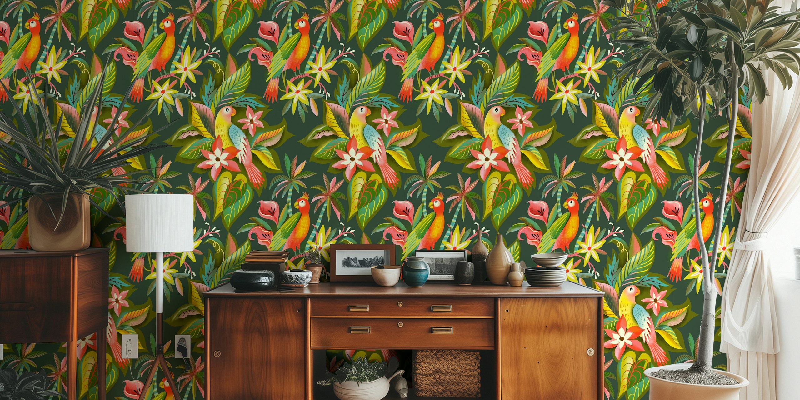 Colorful tropical parrots, flowers, green leaves wallpaper