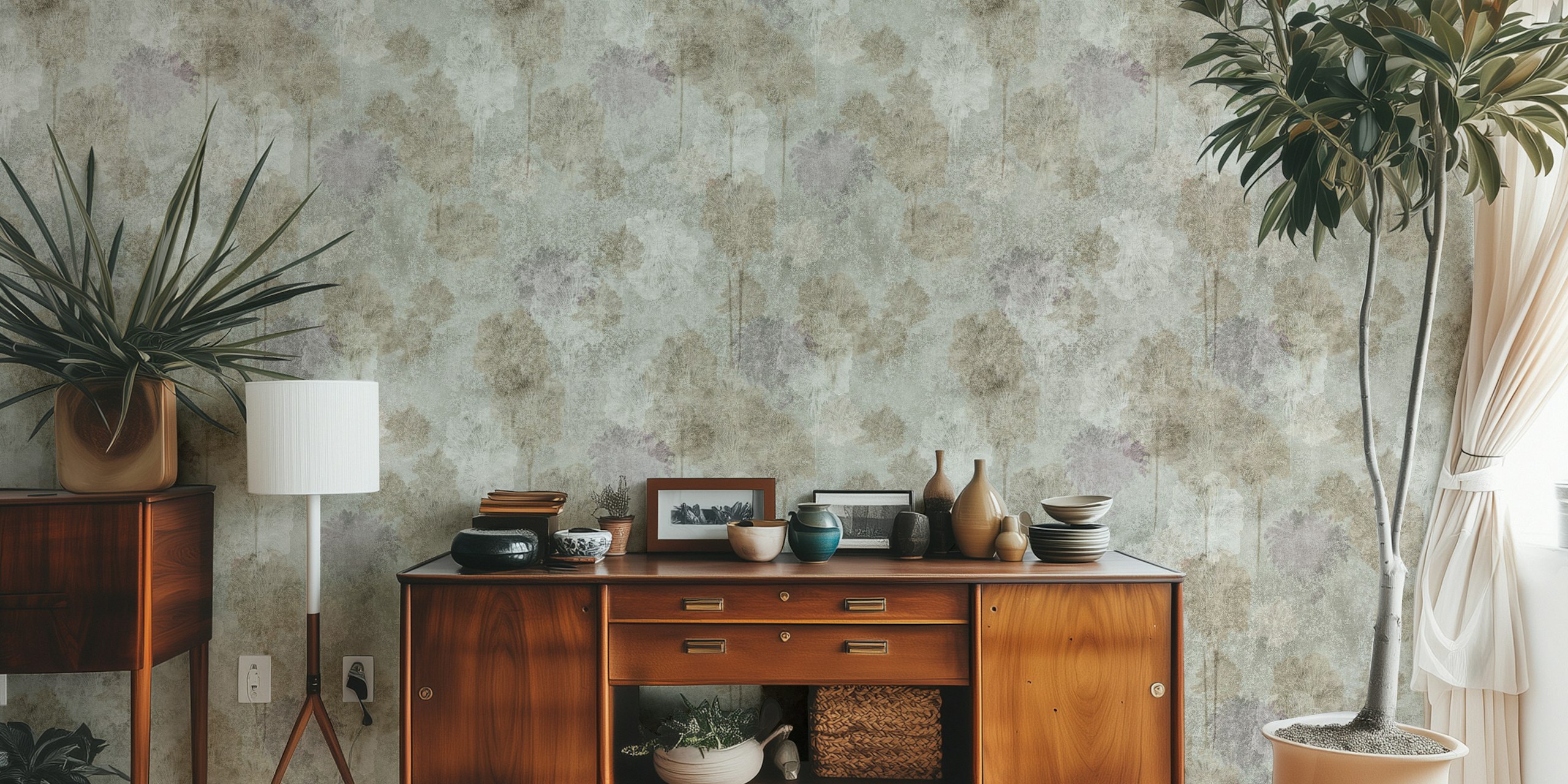 Soft gray and beige tree silhouettes with a dreamy effect wallpaper