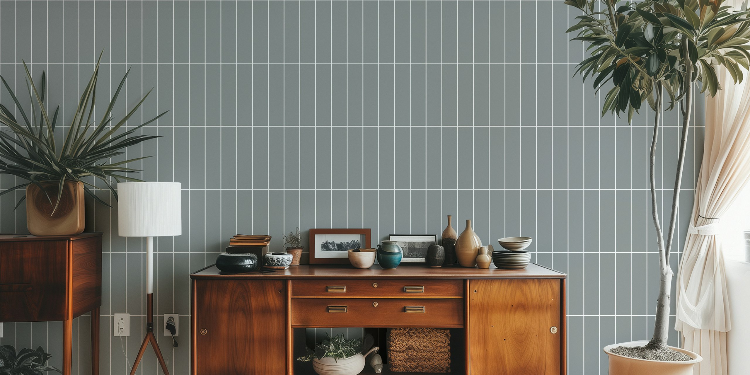 Papel de parede Vertical Grid Pattern cinza e branco em um quarto