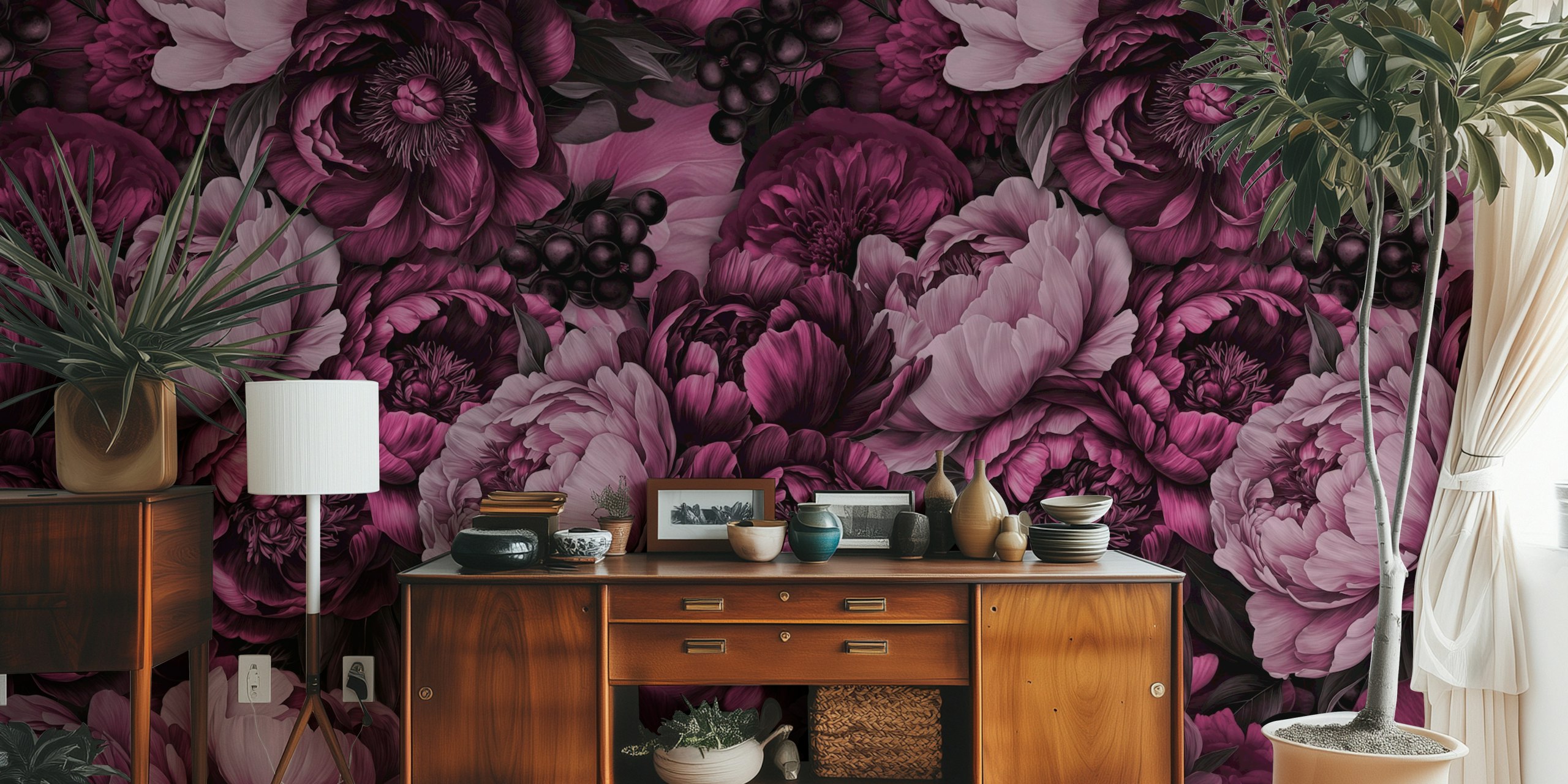 Dark Academia Baroque Bloom Pink Chic Tapete im Raum