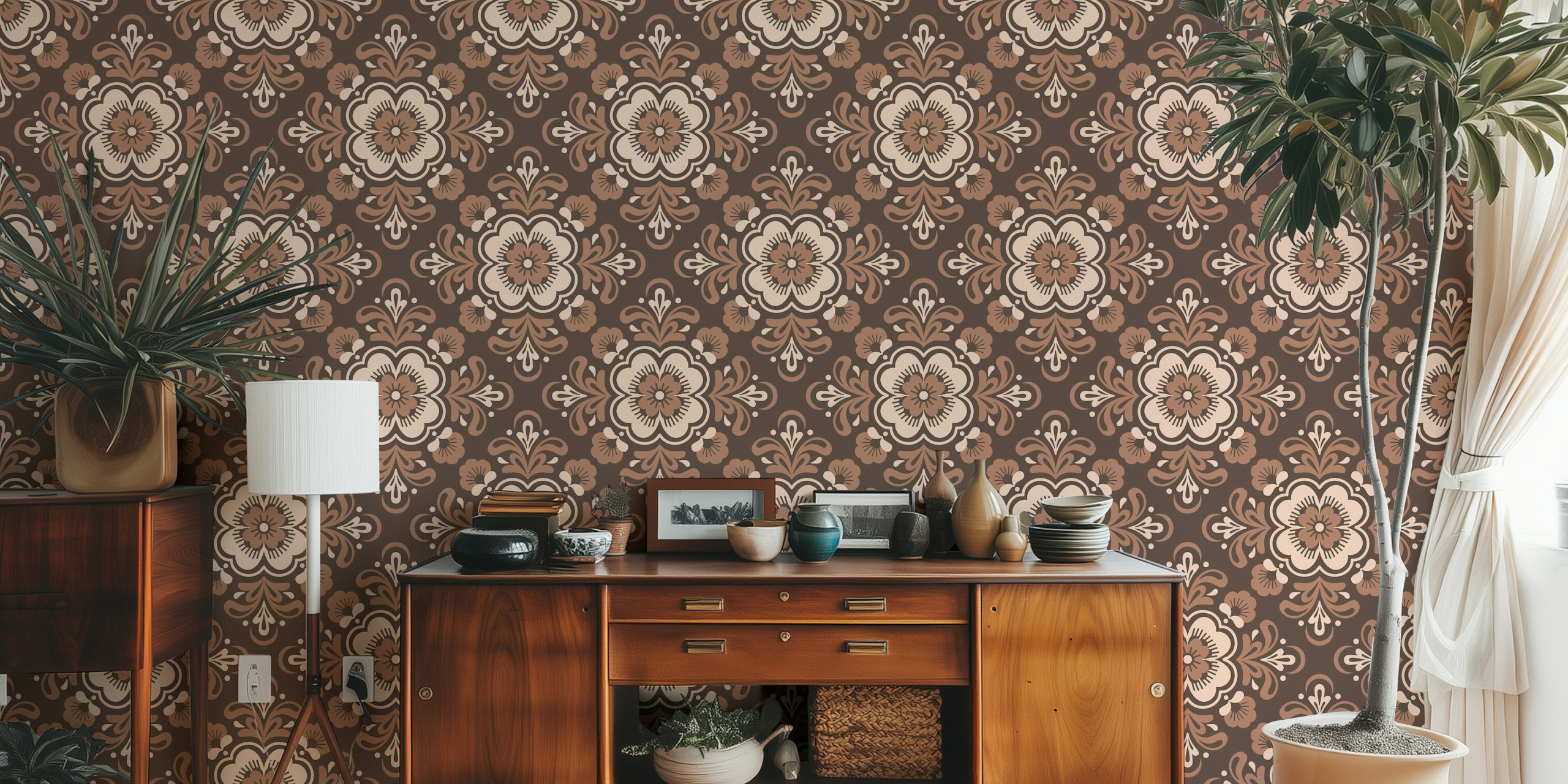Floral mandala pattern in brown and cream colors wallpaper