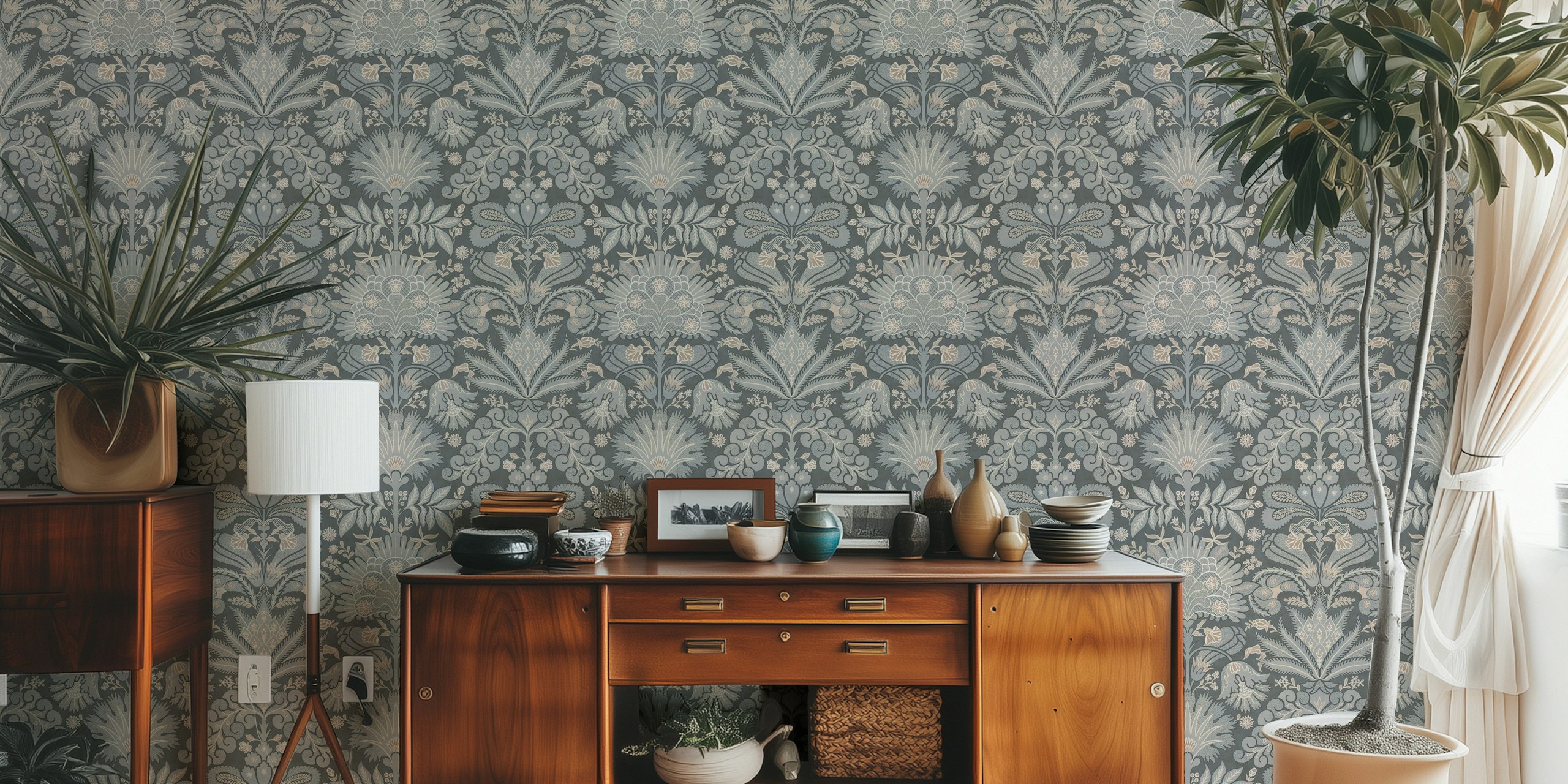 Botanic Damask Grey Beige wallpaper in a room