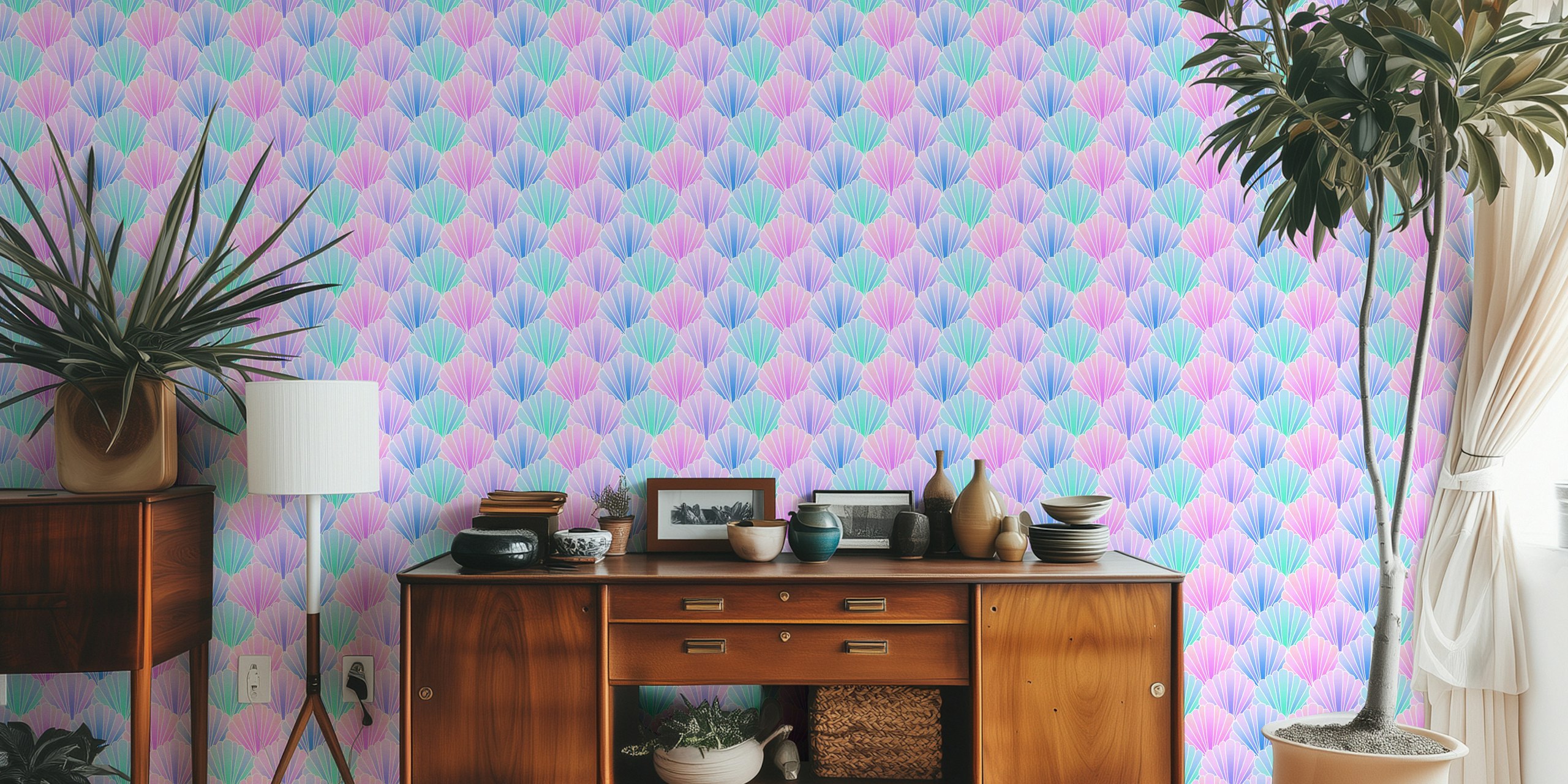 Pastel seashell wallpaper in a styled room