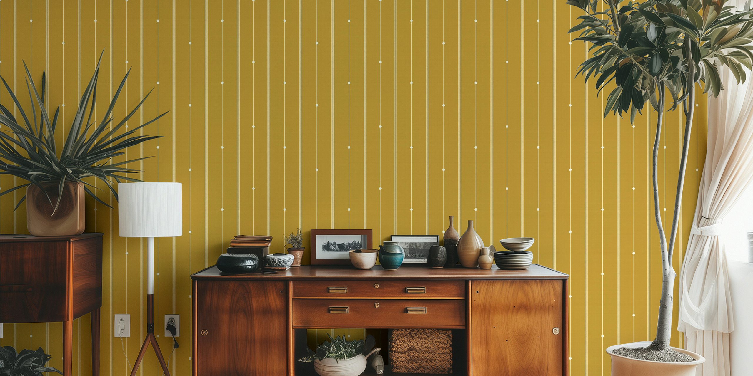 Mustard refined minimal stripes wallpaper in a room