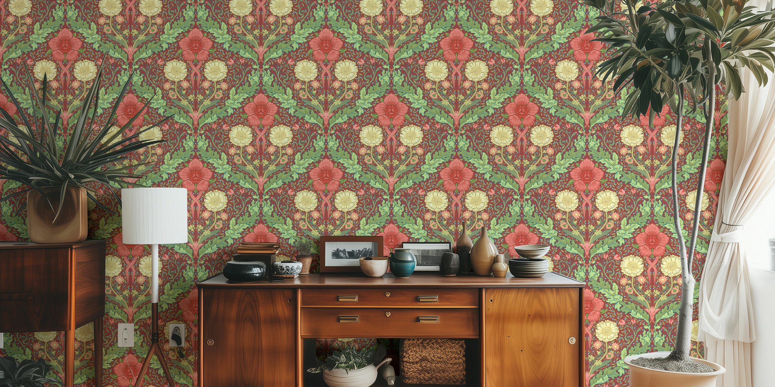 Intricate floral design with red and yellow flowers and green foliage wallpaper