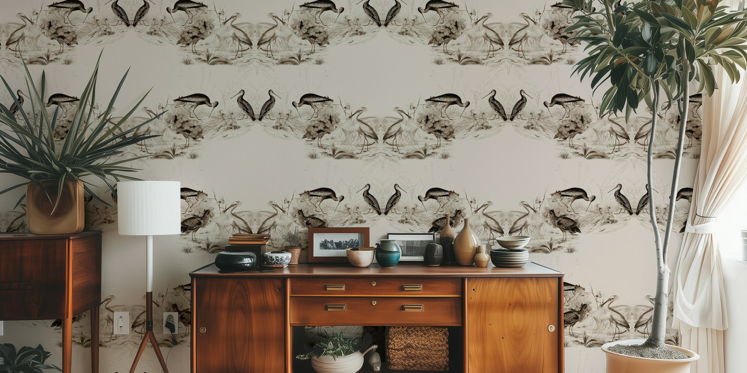 Beige birds with floral elements in vintage style wallpaper