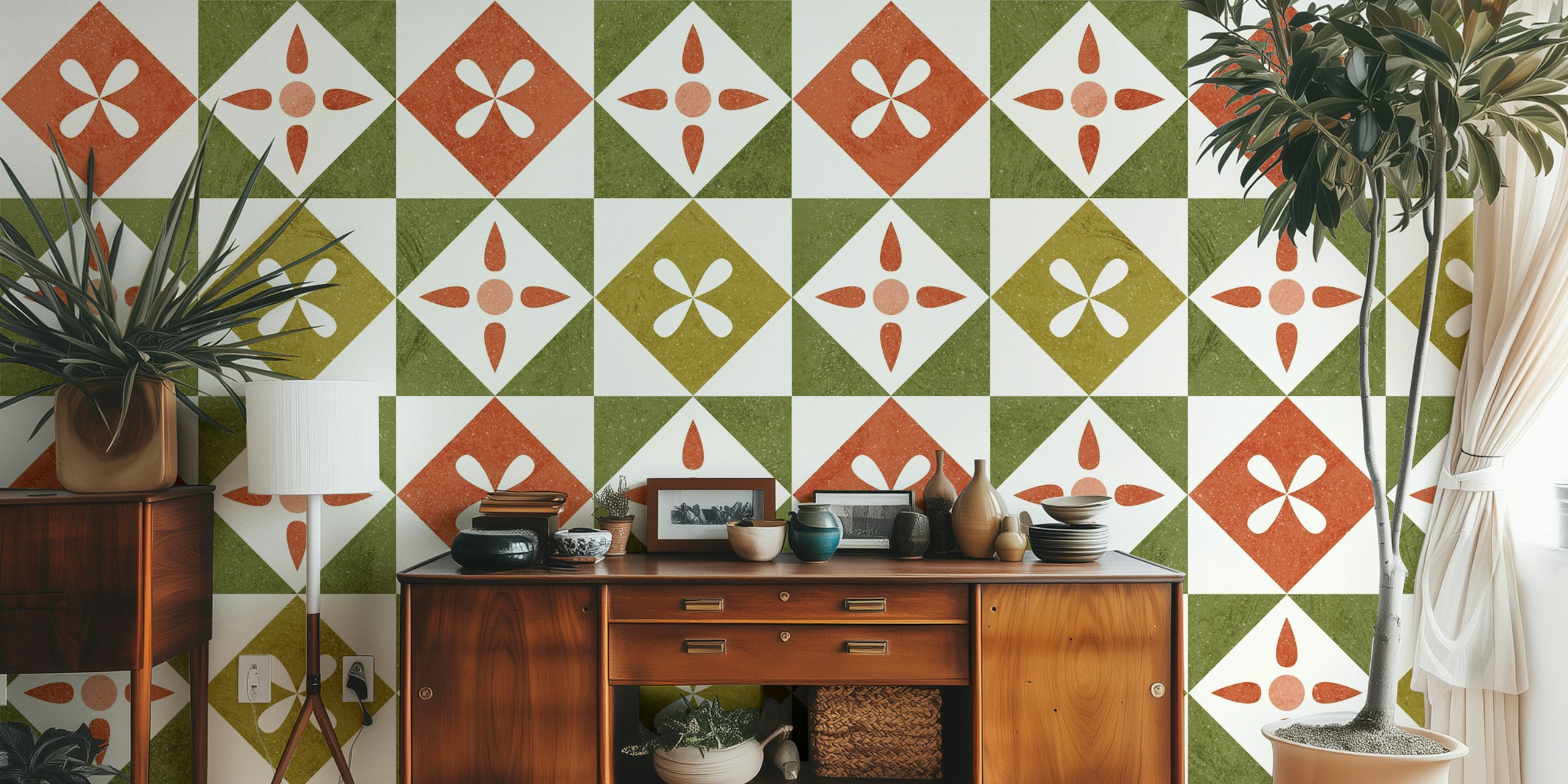 Colorful diamond pattern wallpaper in a room