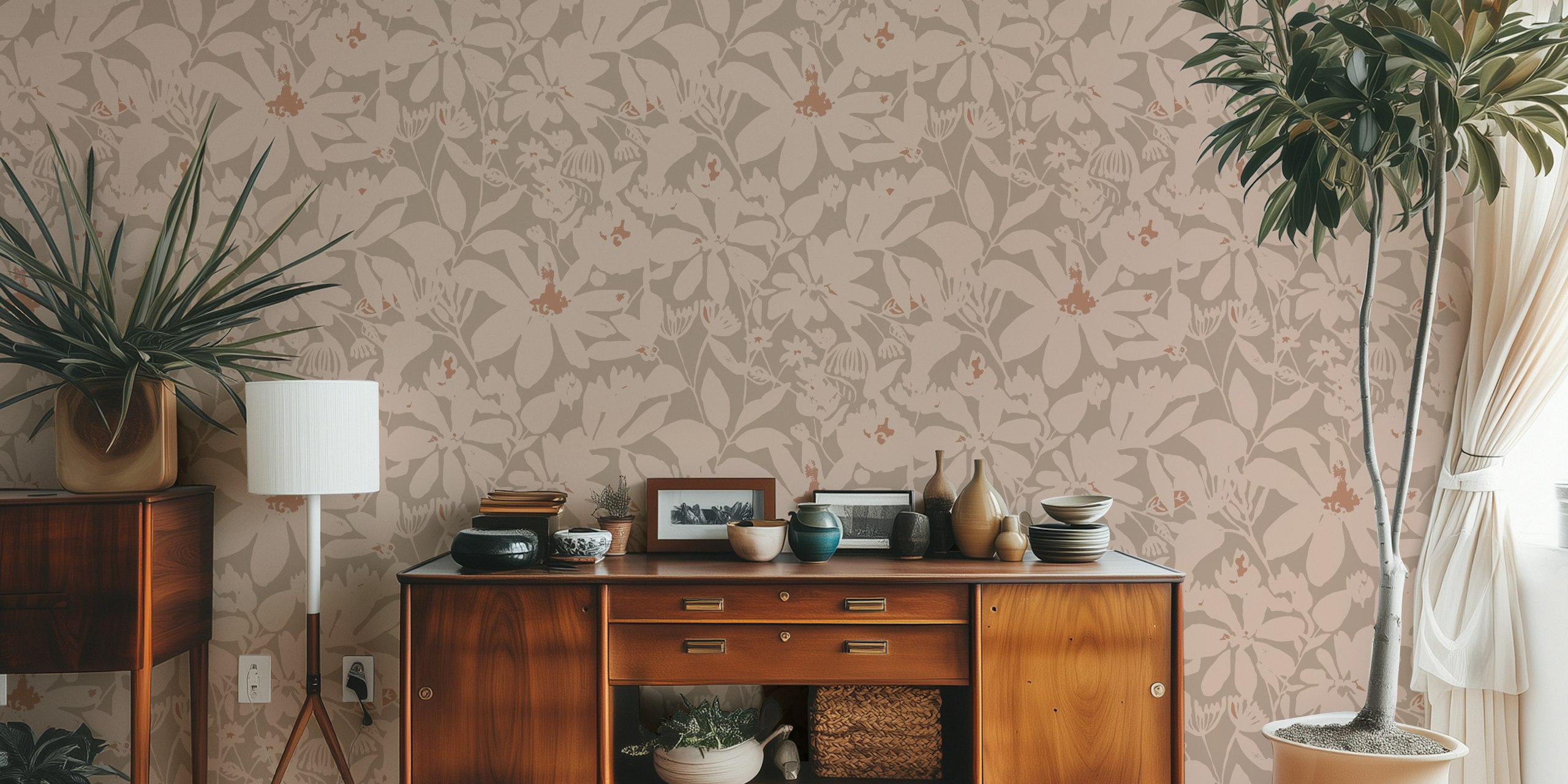 Muted Petal Delight floral wallpaper in a room