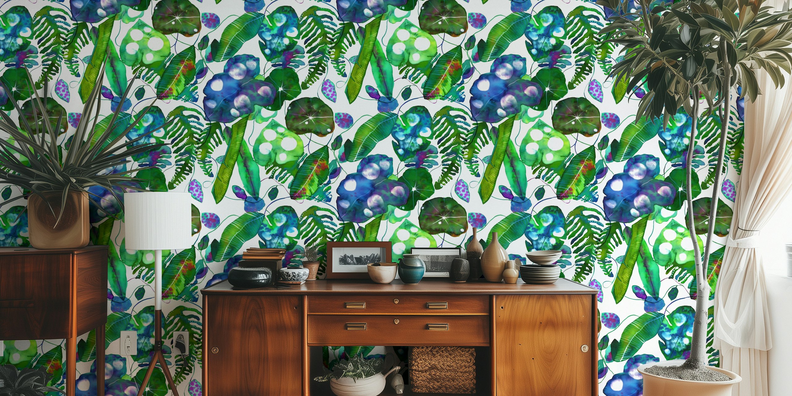 Tropical ferns and leaves in green and blue watercolor wallpaper