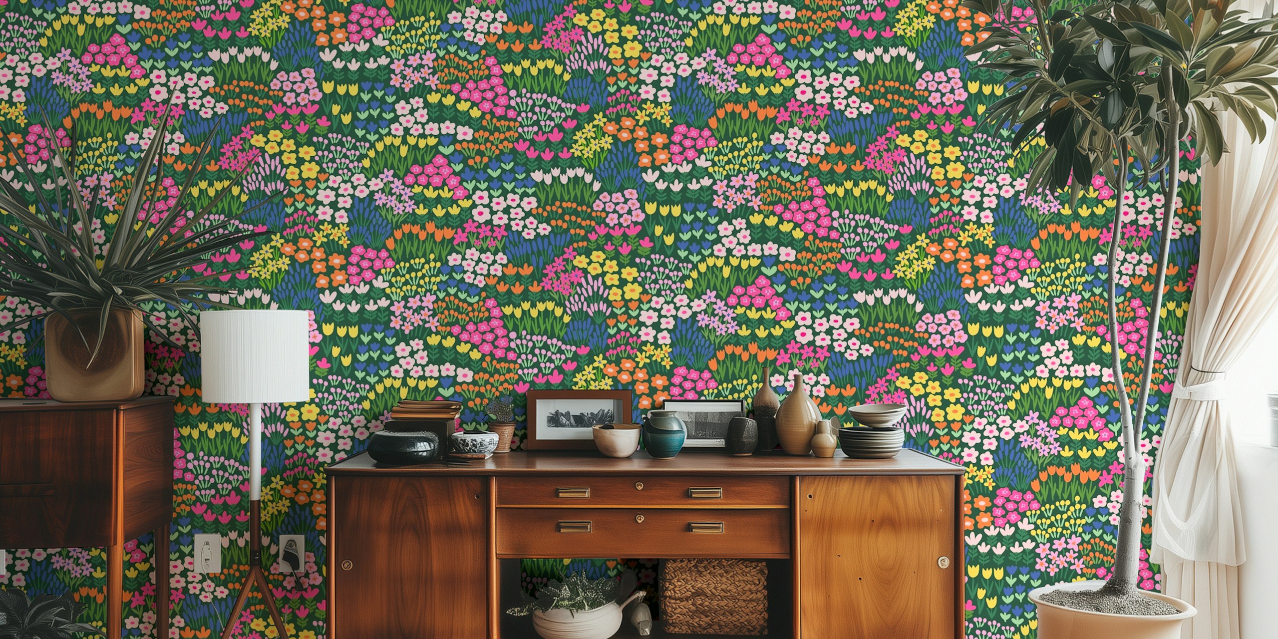Colorful flower garden wallpaper in a room