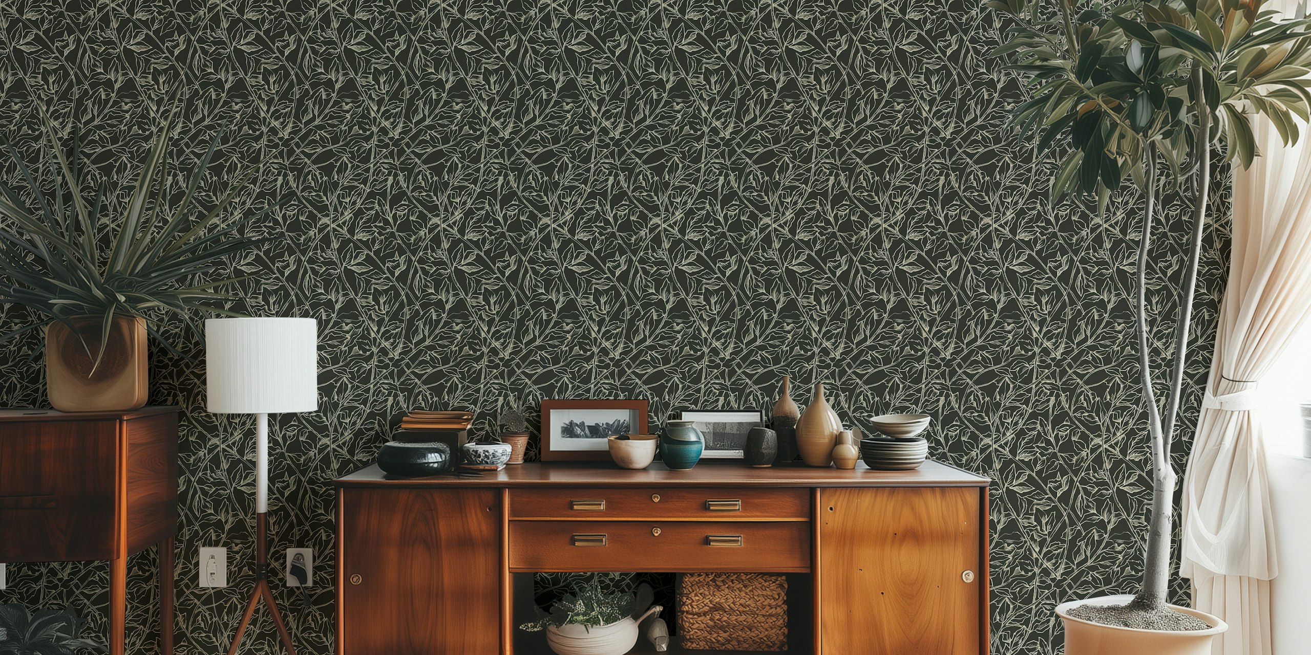 Botanical Floral Branches Wallpaper in a room