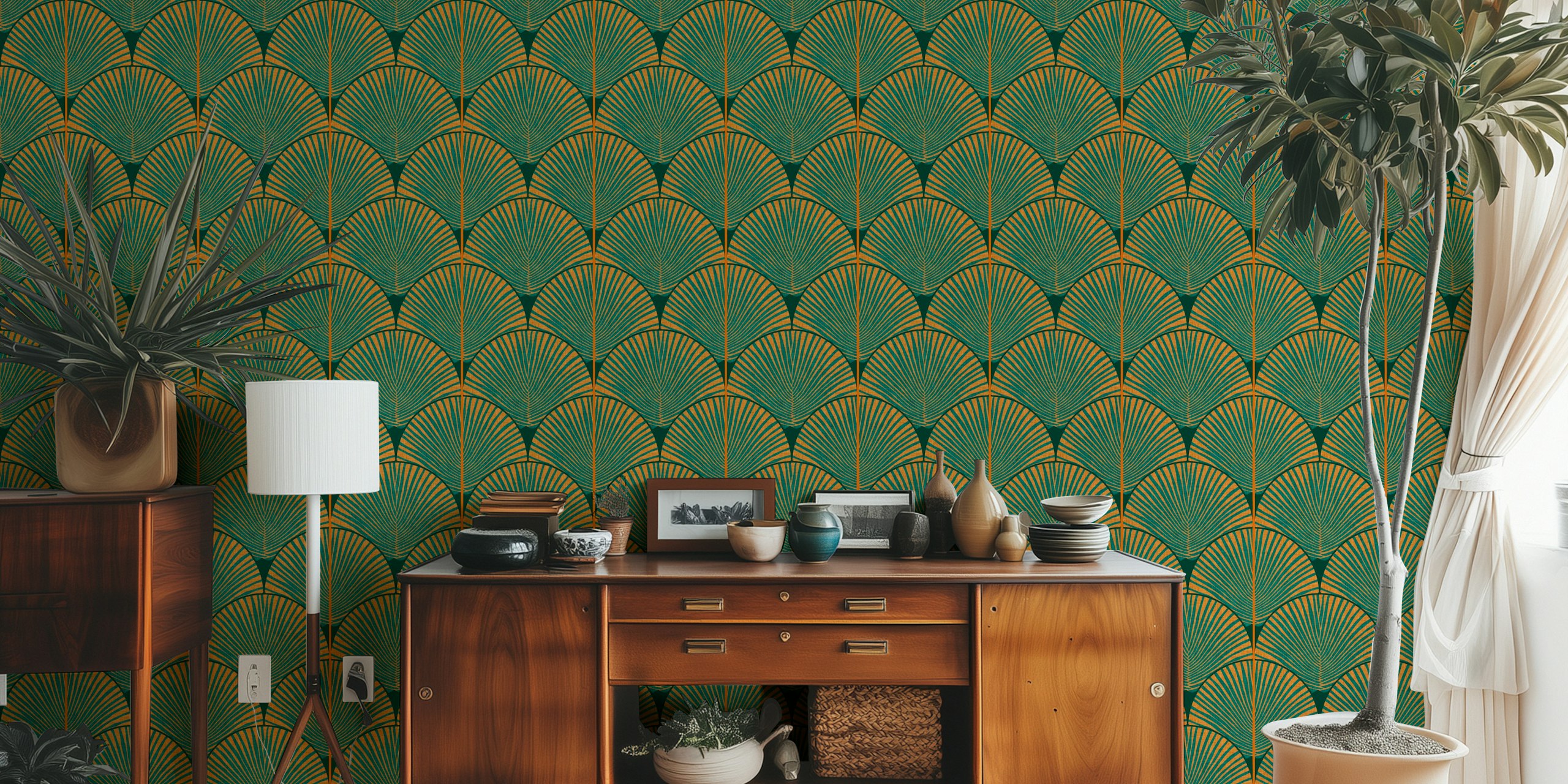 Geometric deco palm leaf wallpaper σε ένα δωμάτιο