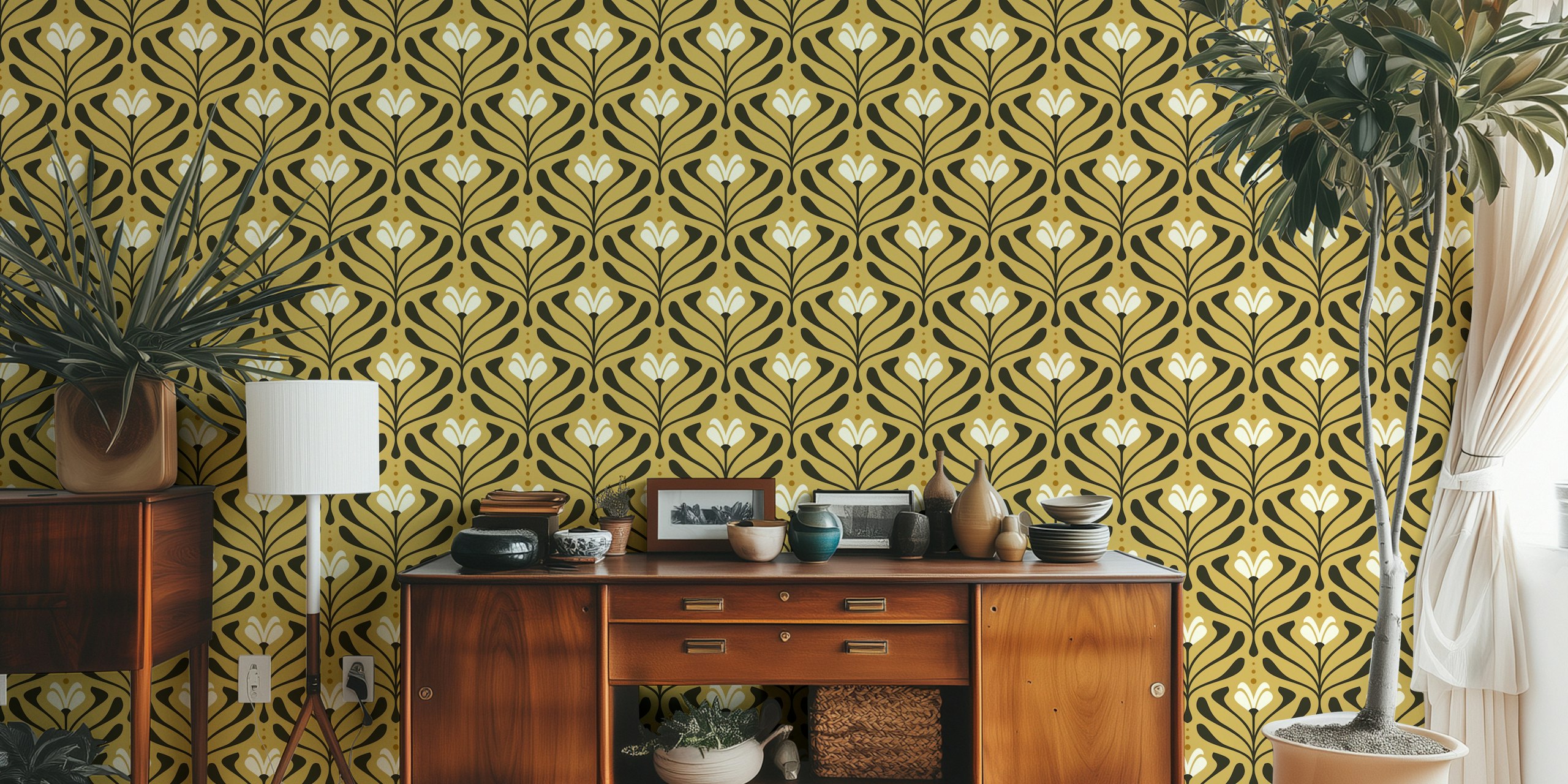 Floral pattern in black and gold colors, vintage style wallpaper