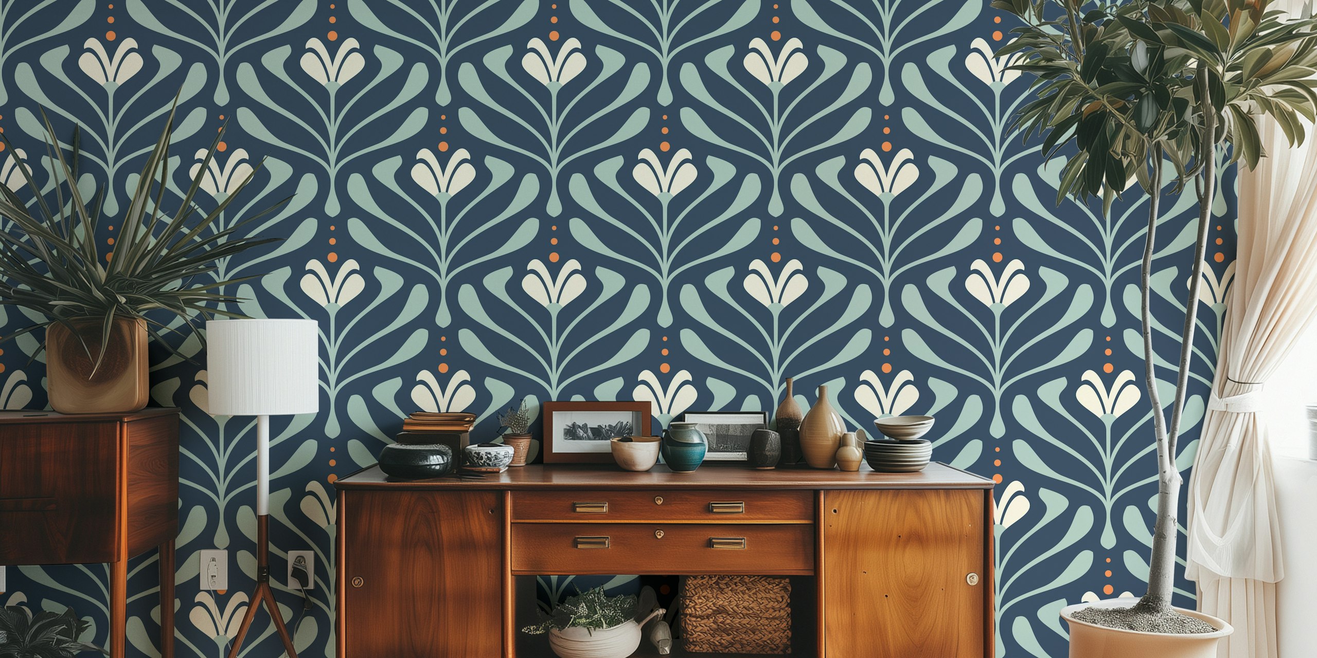 Vintage Retro Bloom Flourish Blue tapet i ett rum