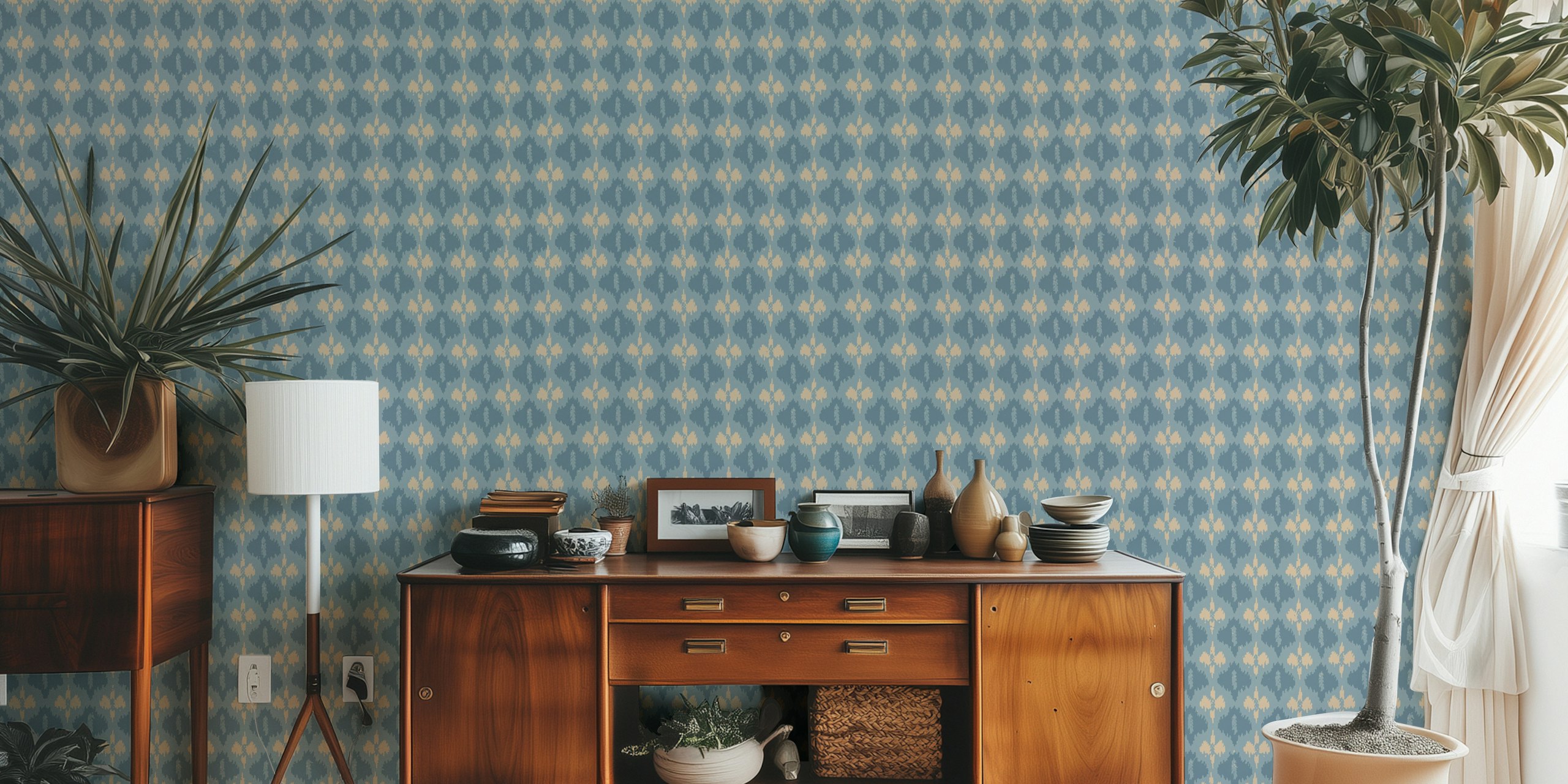 Rustic diamond pattern in blue and beige wallpaper