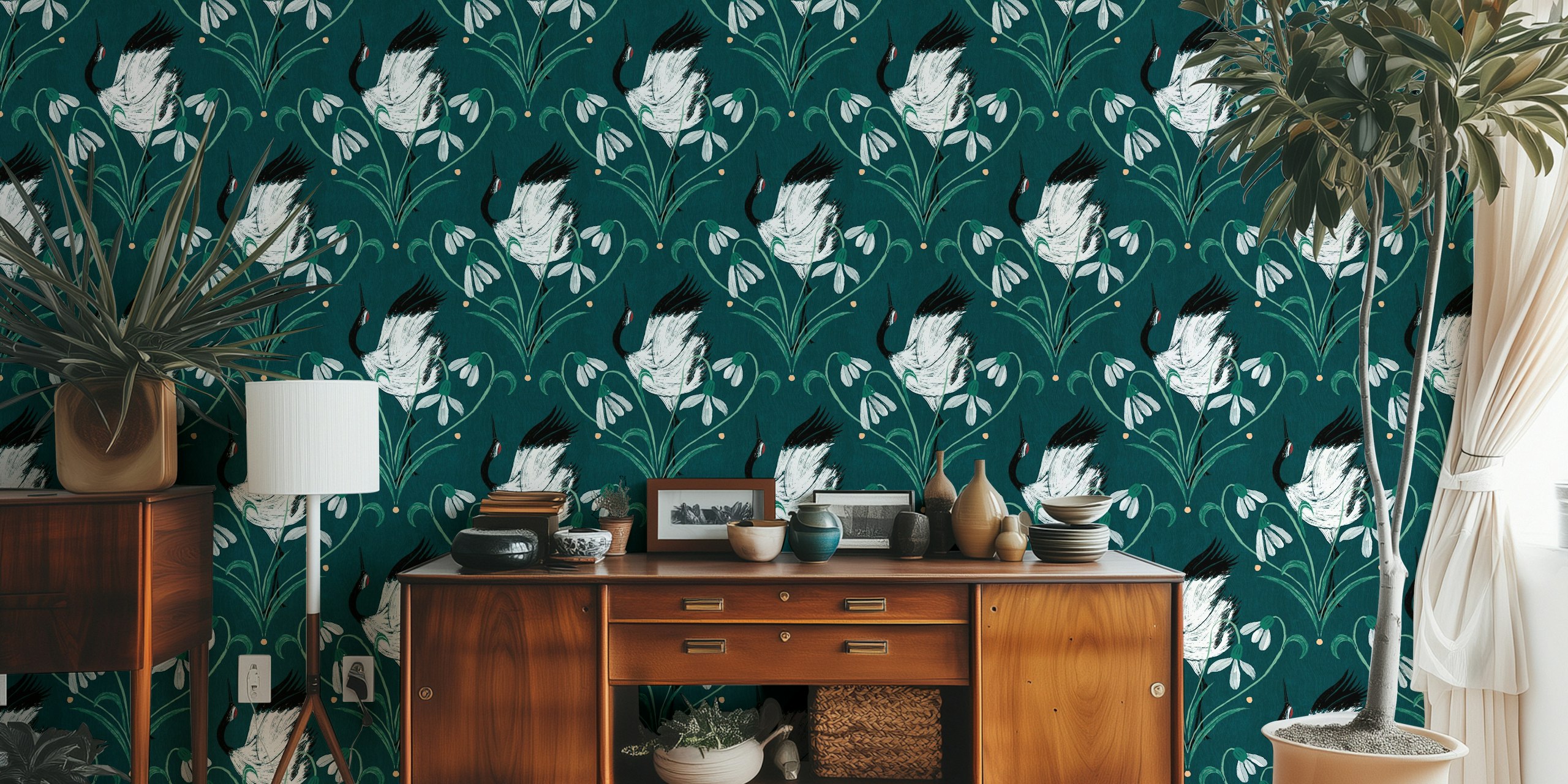 Cranes among white blossoms on teal background wallpaper