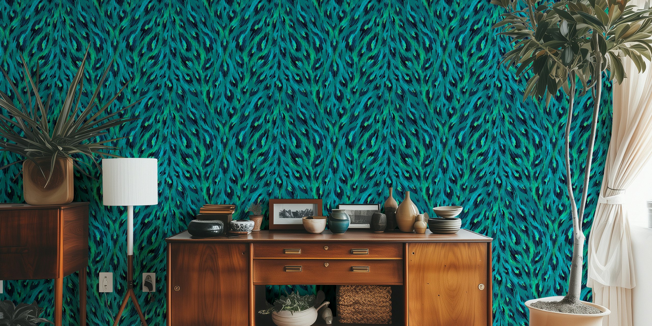 Papel pintado Teal leopard print en una habitación