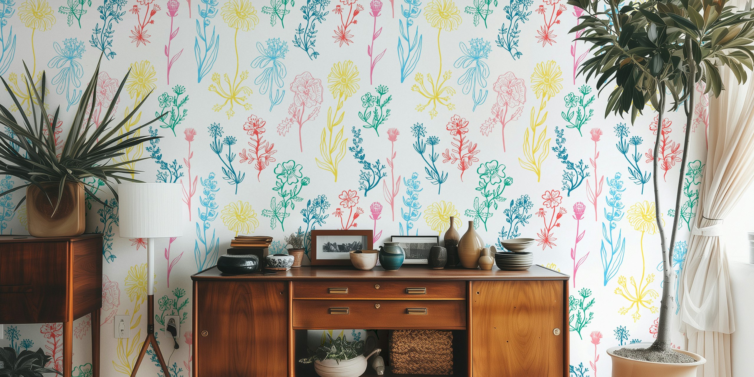 Botanical Pastel Wildflowers wallpaper in a room