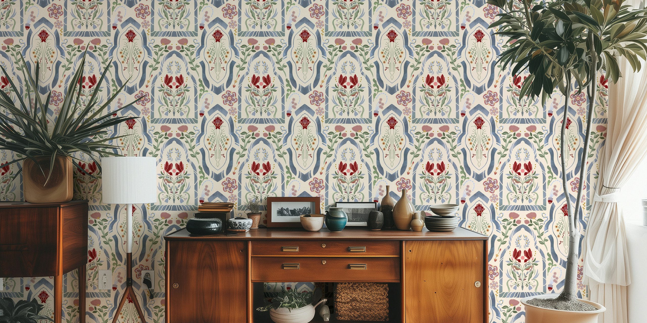 Papier peint Arabesque Blooms Bliss affiché dans une pièce