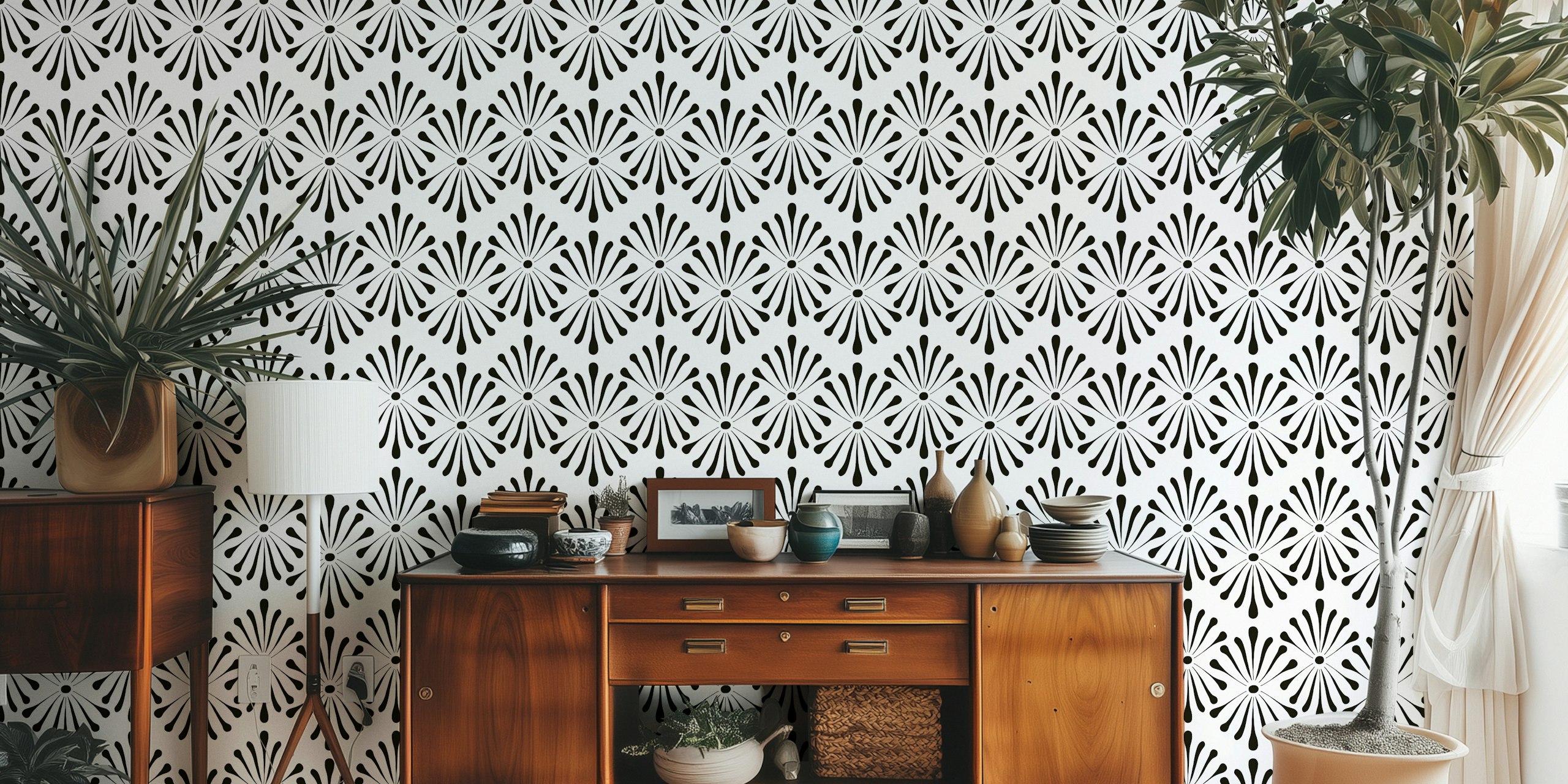 Abstract Floral Black And White papel de parede na sala
