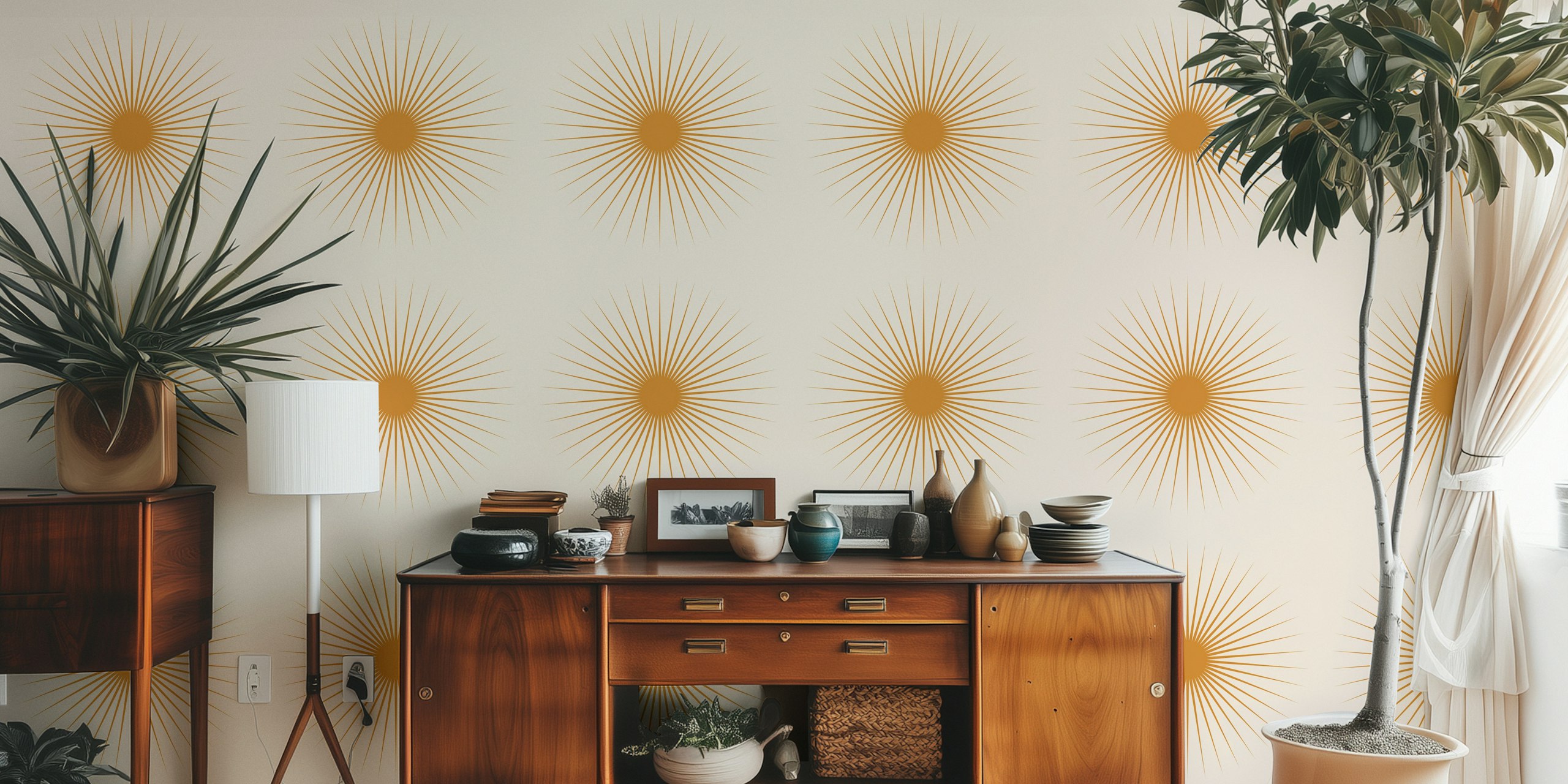 Minimalistisk sunburst wallpaper i et rum