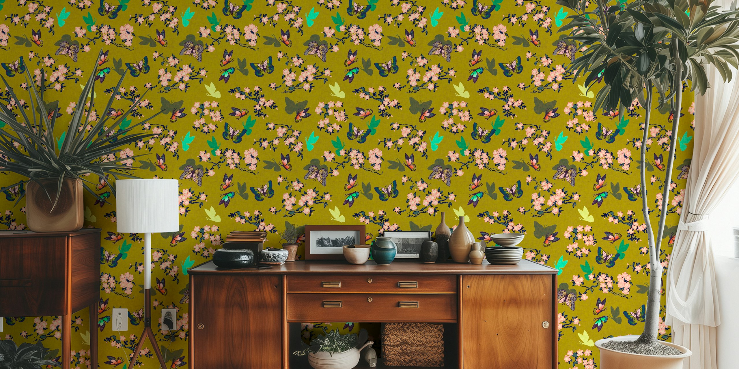 Green floral butterfly wallpaper with pink blossoms and colorful butterflies