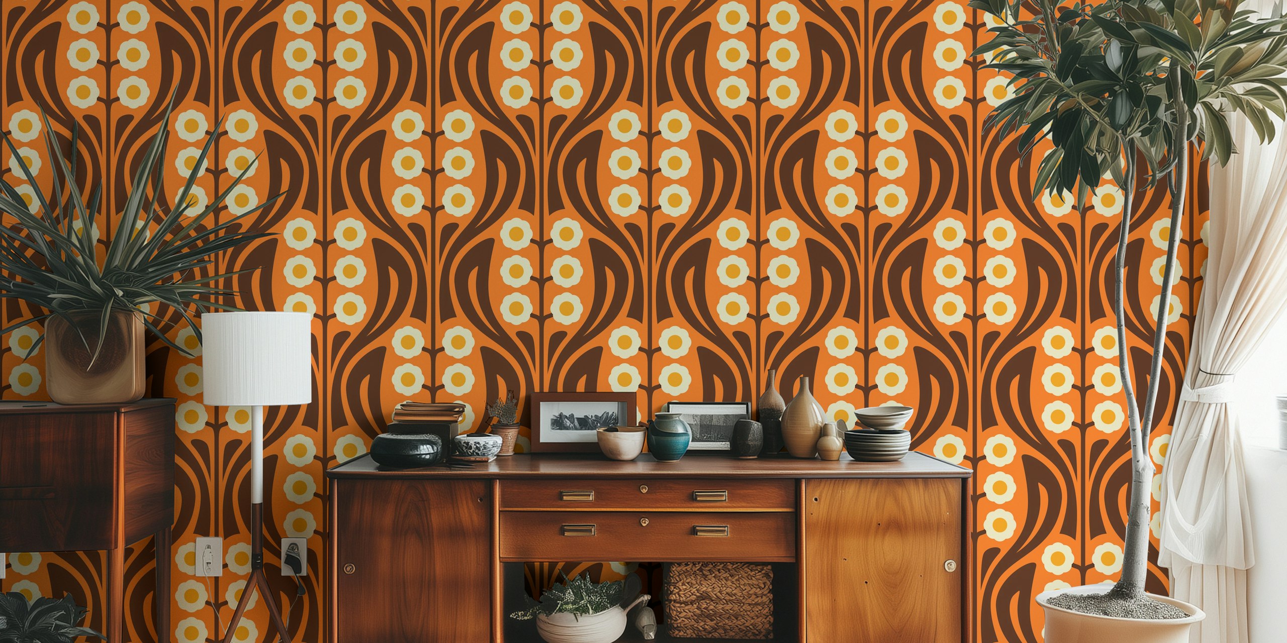 Vintage floral orange wallpaper with white daisies and brown accents.