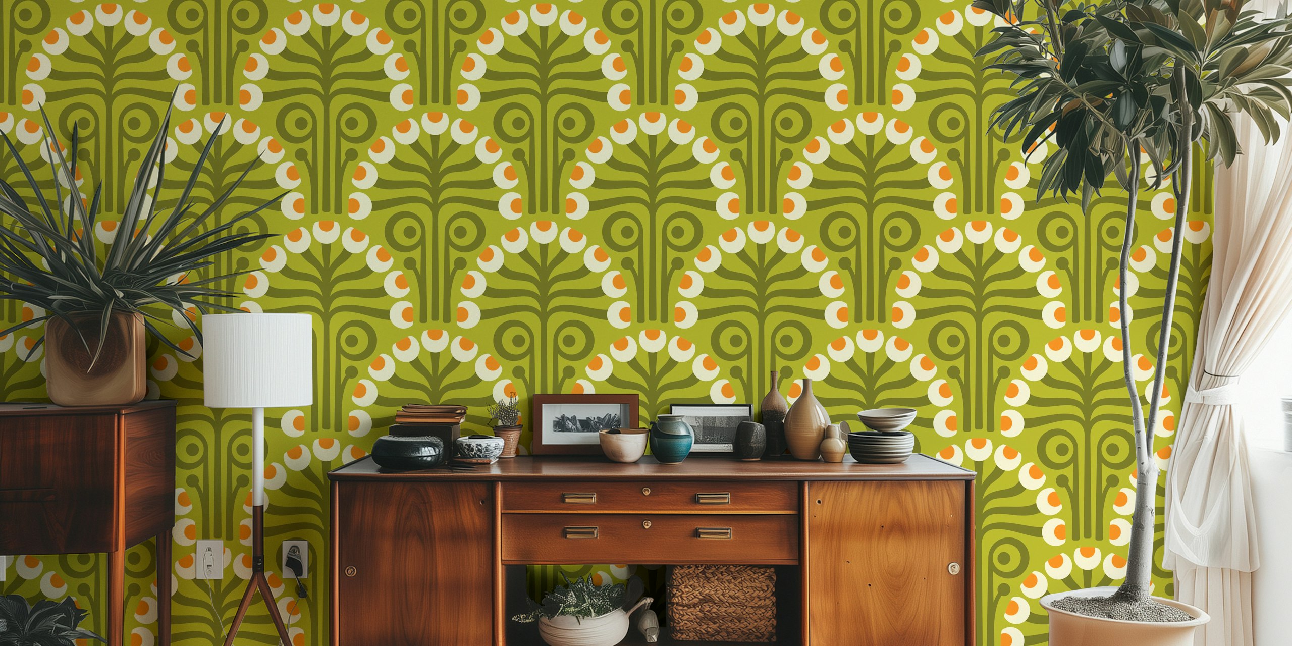Floral design with green background and orange accents wallpaper