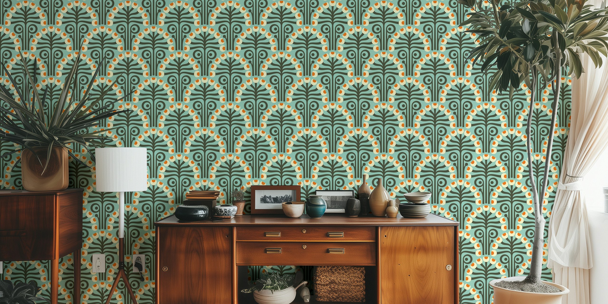 Vintage Botanical Retro Scallop Turquoise wallpaper u sobi