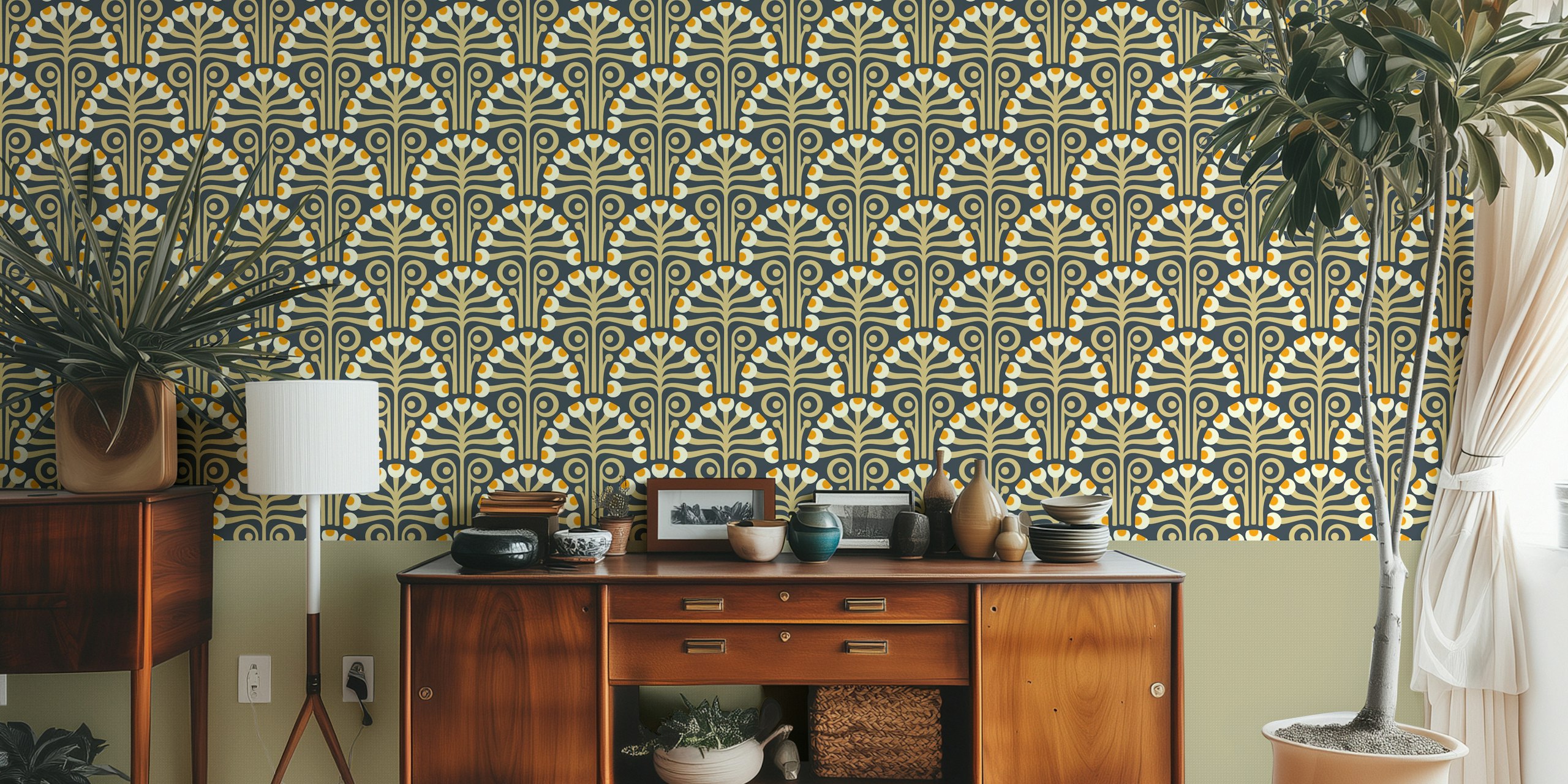 Vintage Botanical Retro Scallop Yellow wallpaper in room