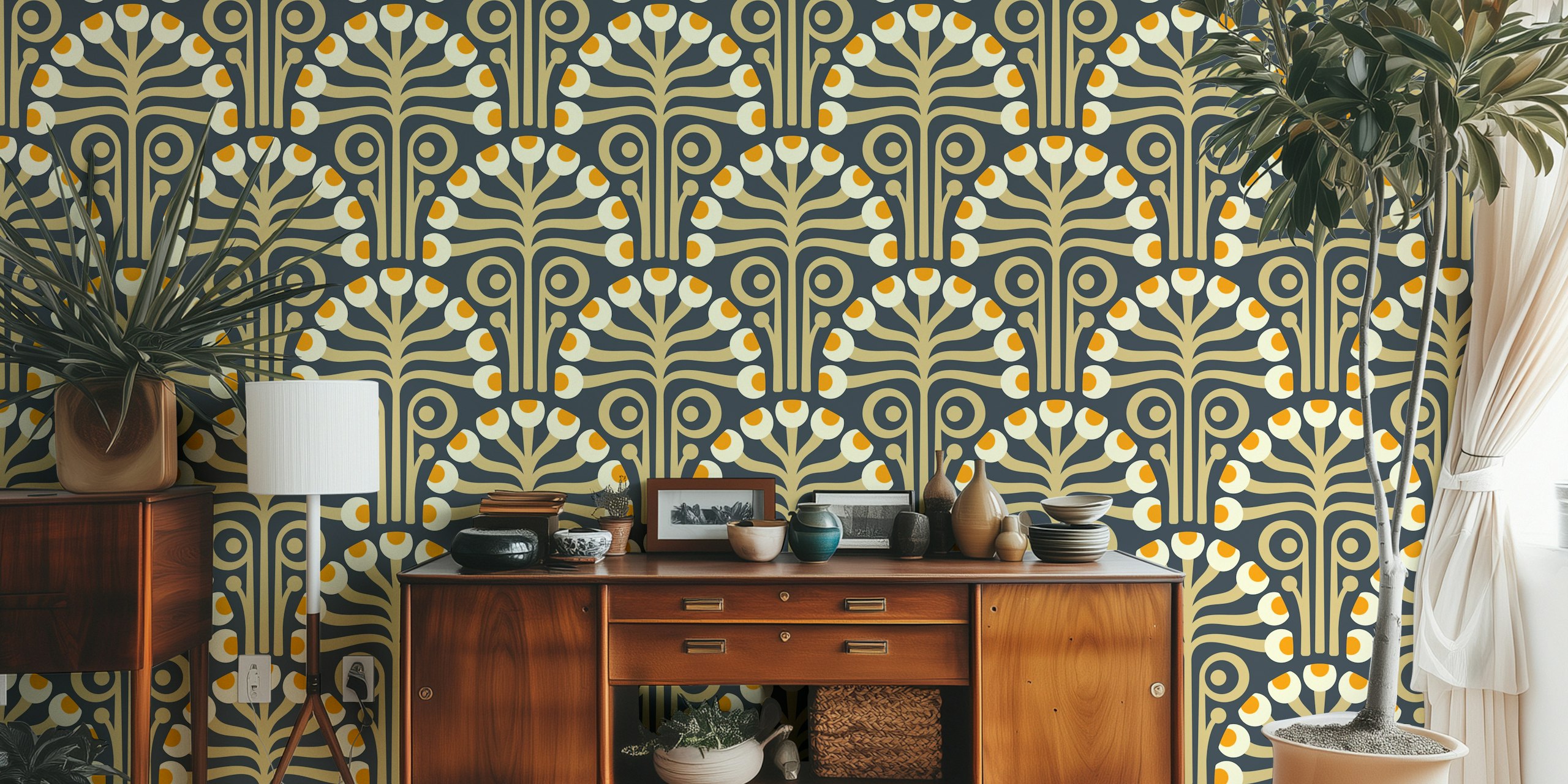 Yellow floral wallpaper with vintage botanical design in cream and orange