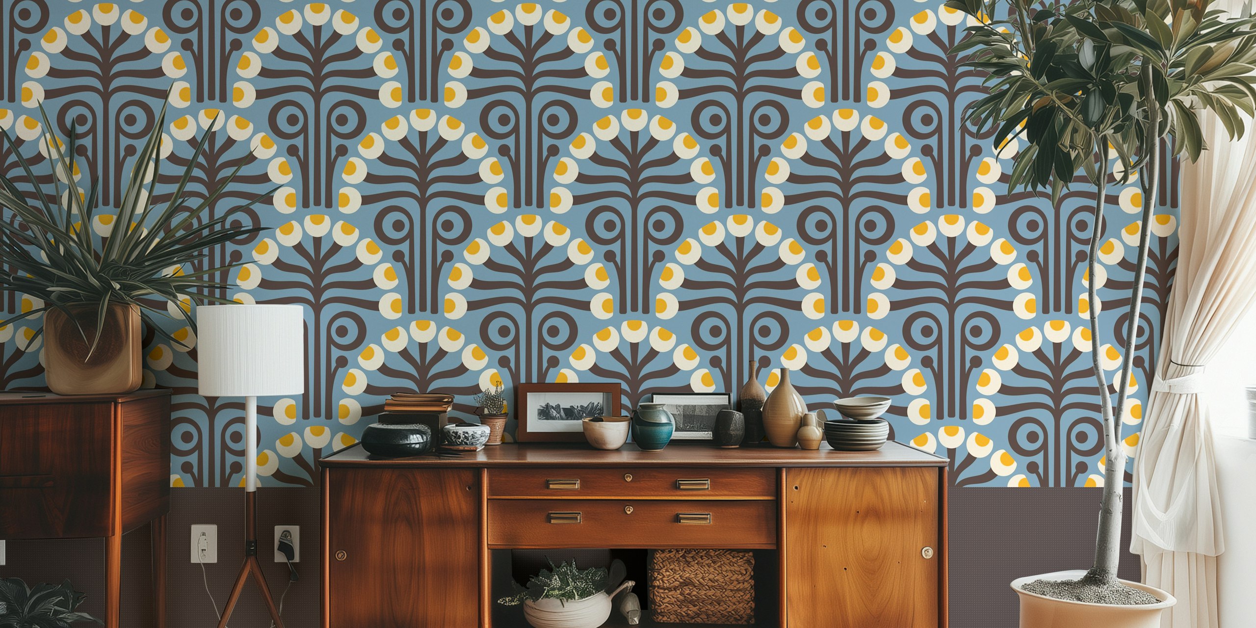 Vintage botanical wallpaper v místnosti