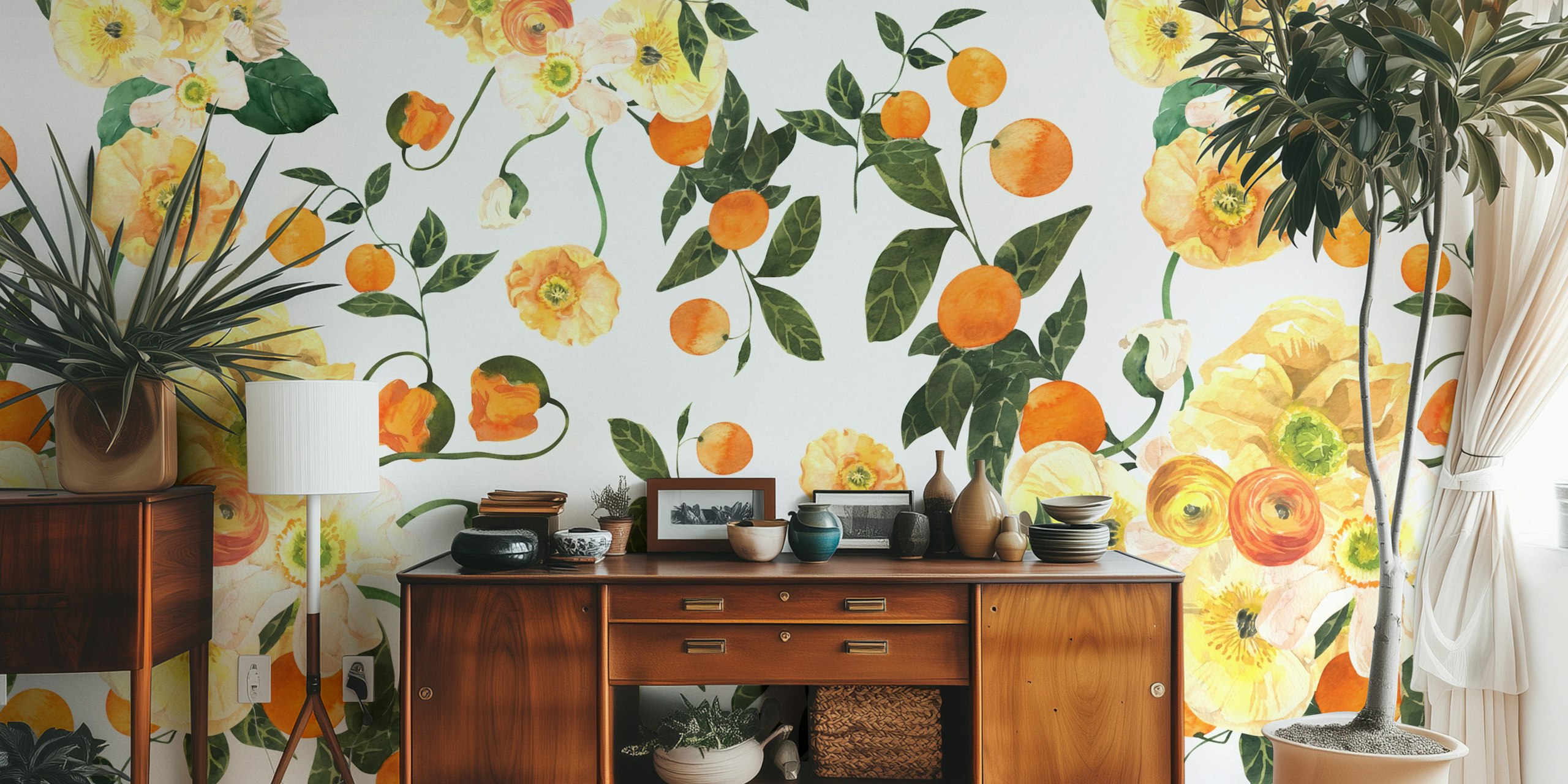 Vibrant floral citrus pattern wallpaper in a room