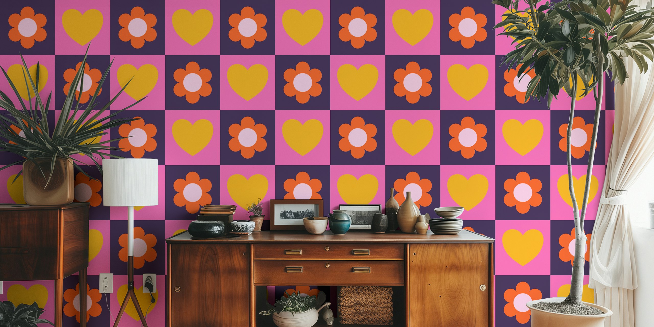 Floral checkerboard wallpaper in een kamer