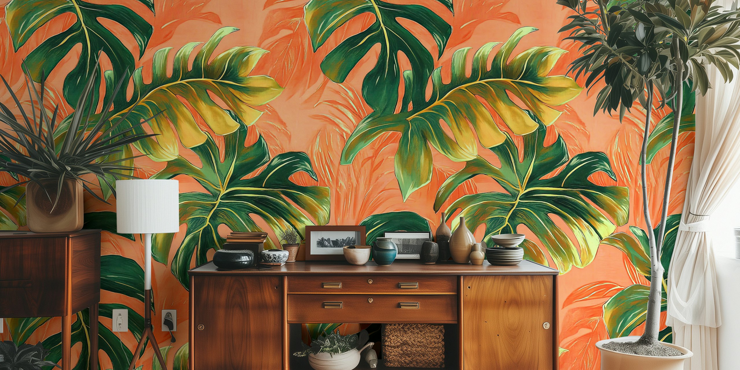 Monstera Peach wallpaper in a room setting.