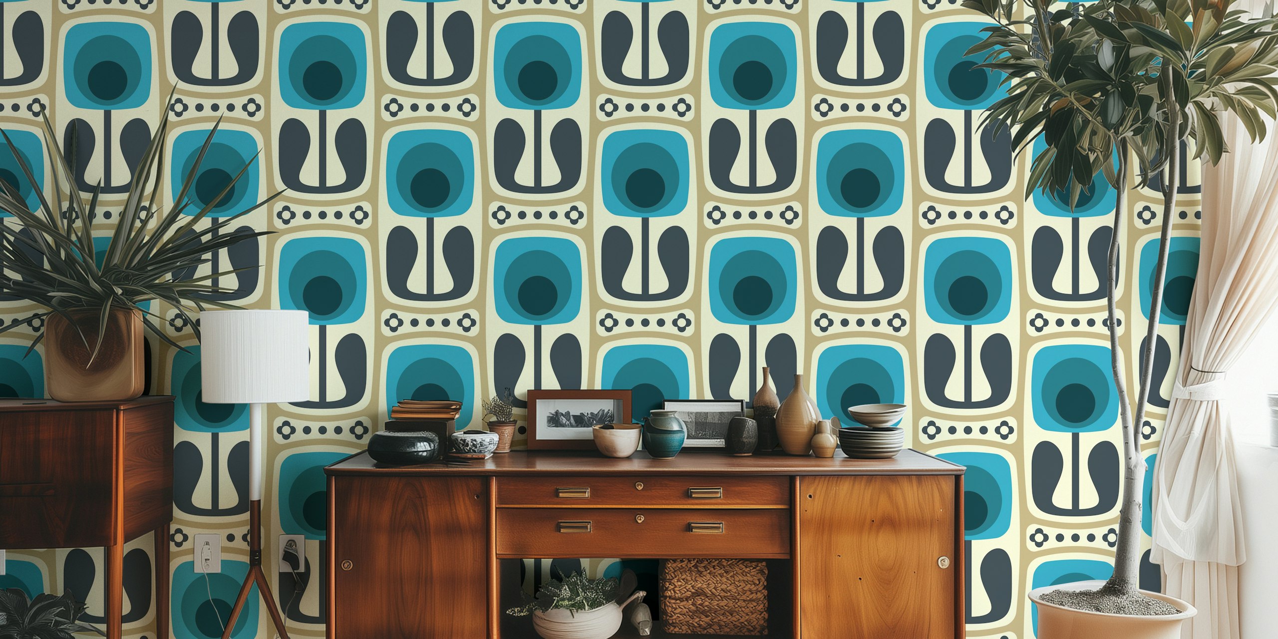 Retro floral design in blue and gray tones wallpaper