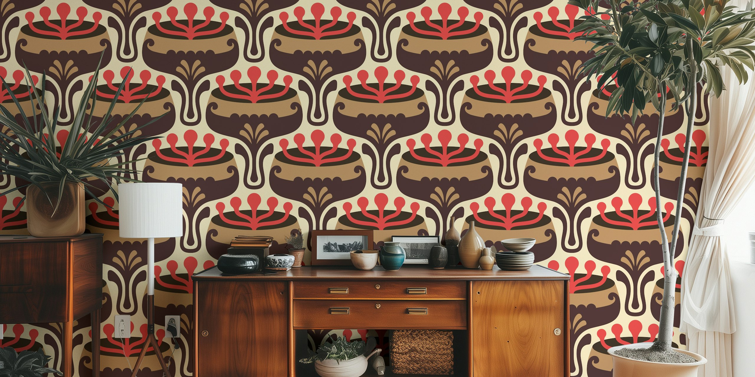 Retro floral design with brown and red colors wallpaper