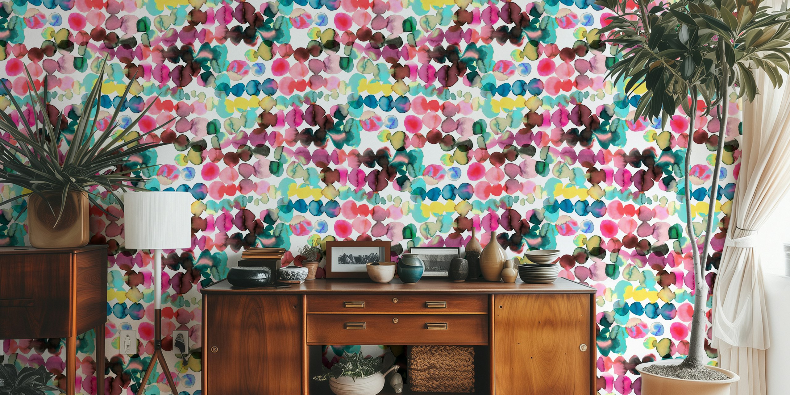 Colorful watercolor bubble pattern in pink, green, blue, and yellow wallpaper