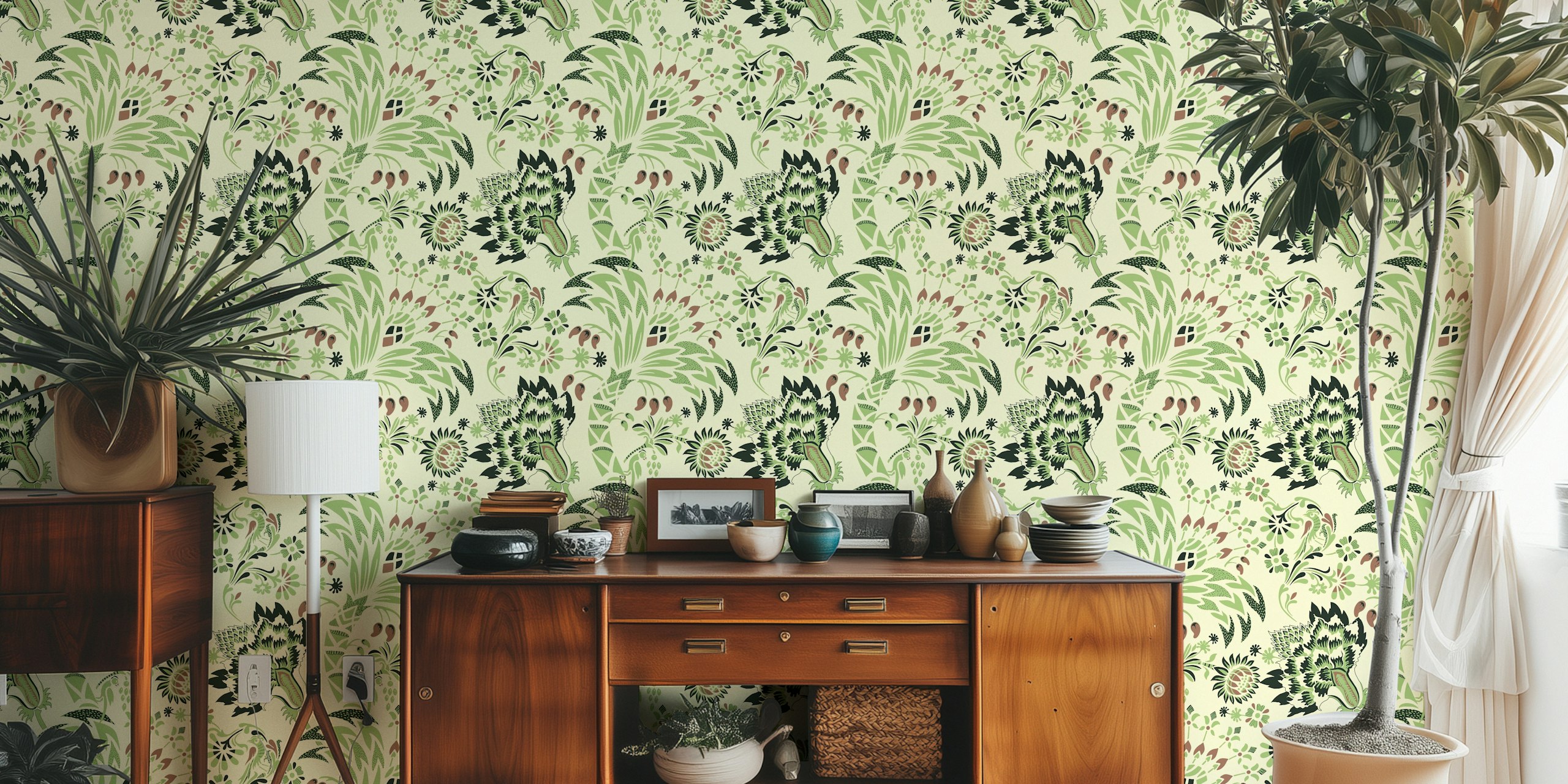 Botanical floral patterns in green and brown on cream wallpaper
