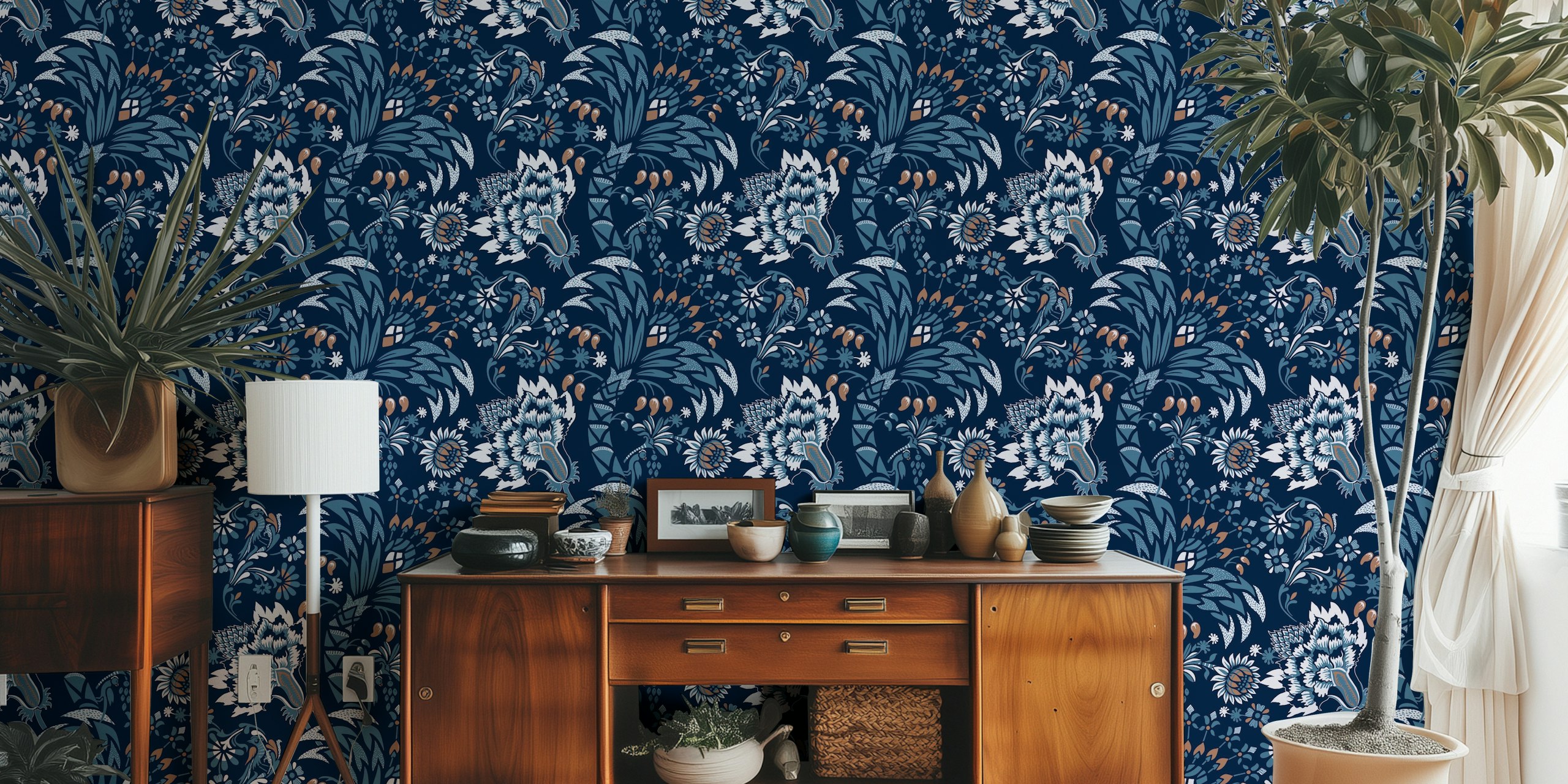 Floral patterns with blue, mocha, and white colors wallpaper