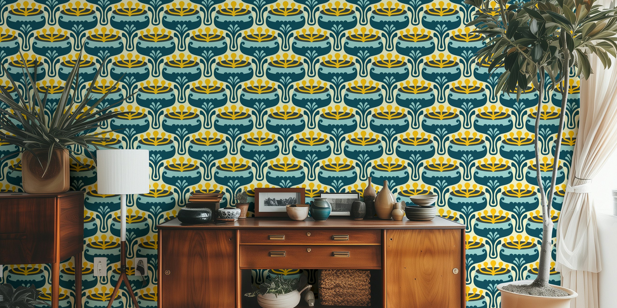 Elegant Retro Flourish in Blue wallpaper in a room