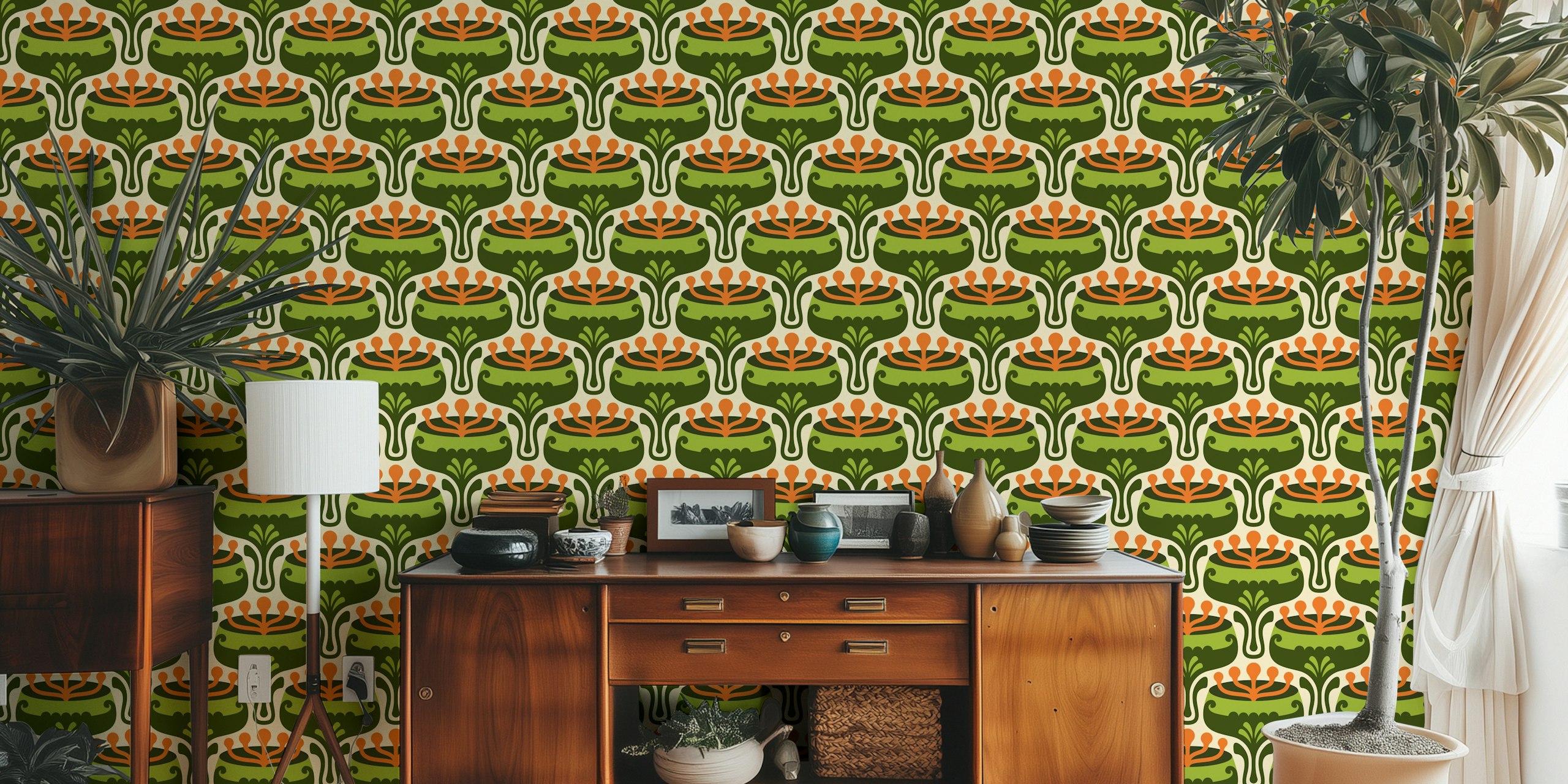Elegant retro flourish wallpaper in a room